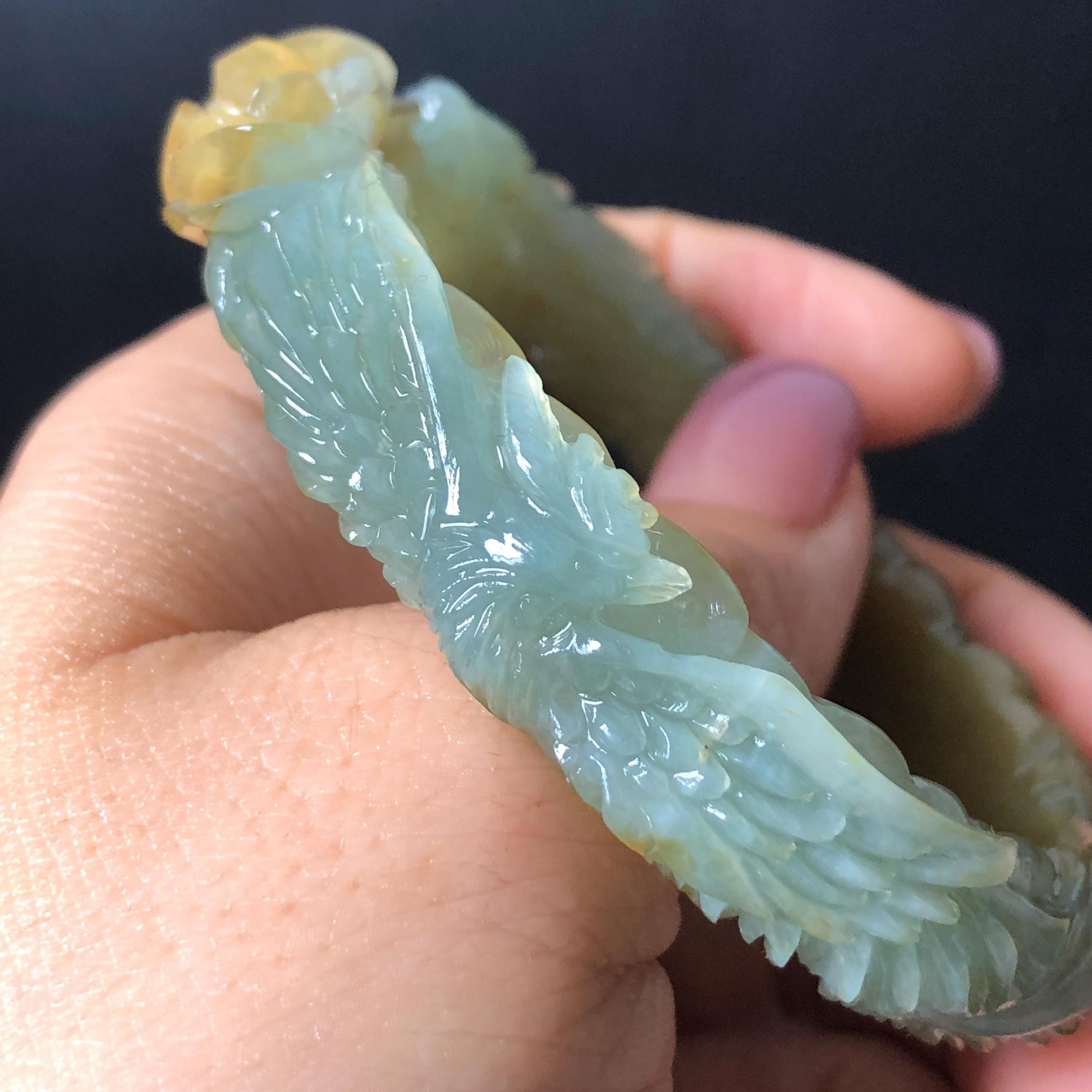 Custom Size 50-65mm! Xiu Jade Dragon & Phoenix Hand Carved Bangle: Certified Natural Serpentine Yellow Green Jade handcrafted Bracelet 3D stone carving Accept Customized order tailor-made bangle customized gift dragon lover gift for her natural jade with certificate bracelet green jade yellow jade multicolour jade certified jade stone bangle gemstone bracelet jade carving phoenix carving peony carving personalized gift make to order chinese untreated jade birthday gift hallow out