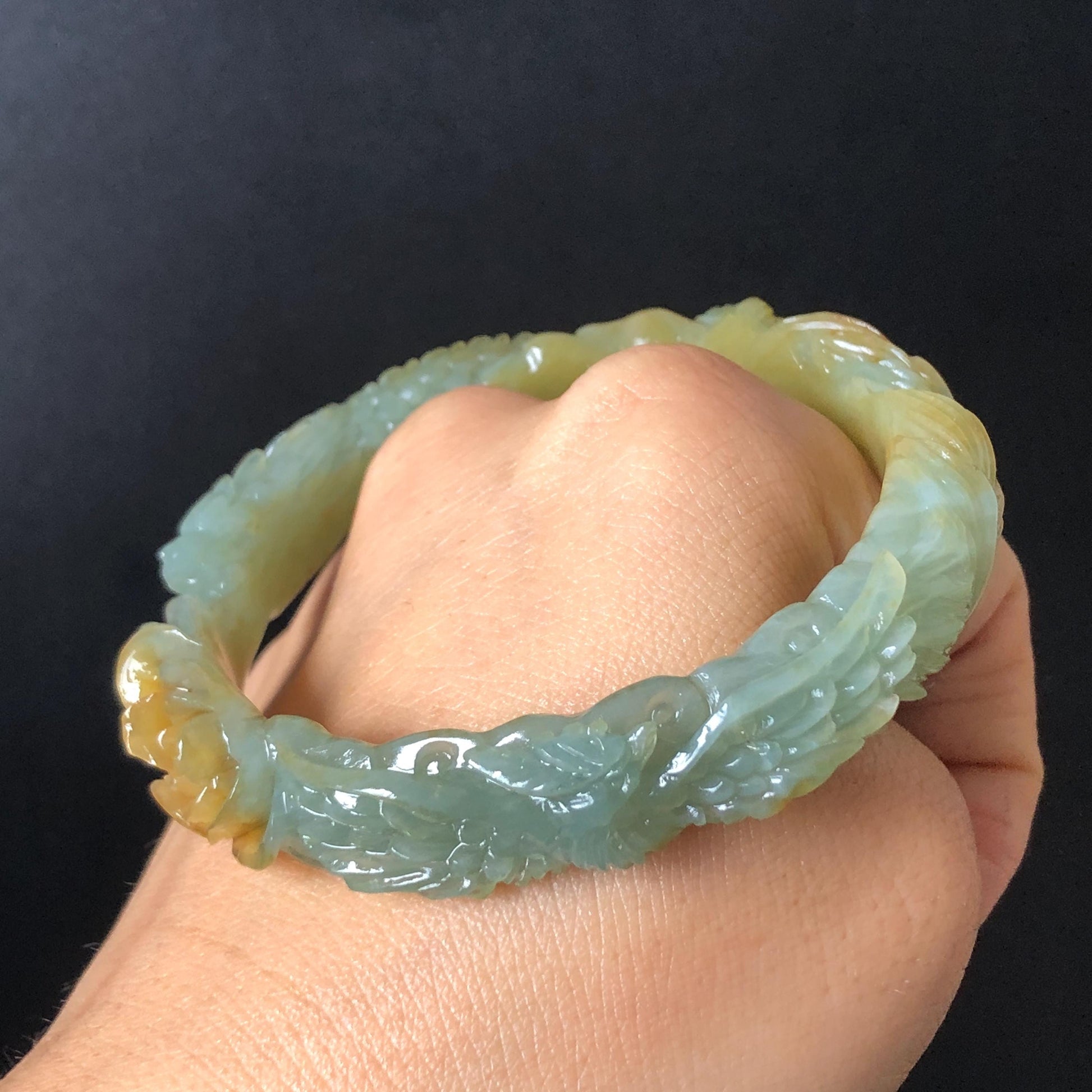 Custom Size 50-65mm! Xiu Jade Dragon & Phoenix Hand Carved Bangle: Certified Natural Serpentine Yellow Green Jade handcrafted Bracelet 3D stone carving Accept Customized order tailor-made bangle customized gift dragon lover gift for her natural jade with certificate bracelet green jade yellow jade multicolour jade certified jade stone bangle gemstone bracelet jade carving phoenix carving peony carving personalized gift make to order chinese untreated jade birthday gift hallow out