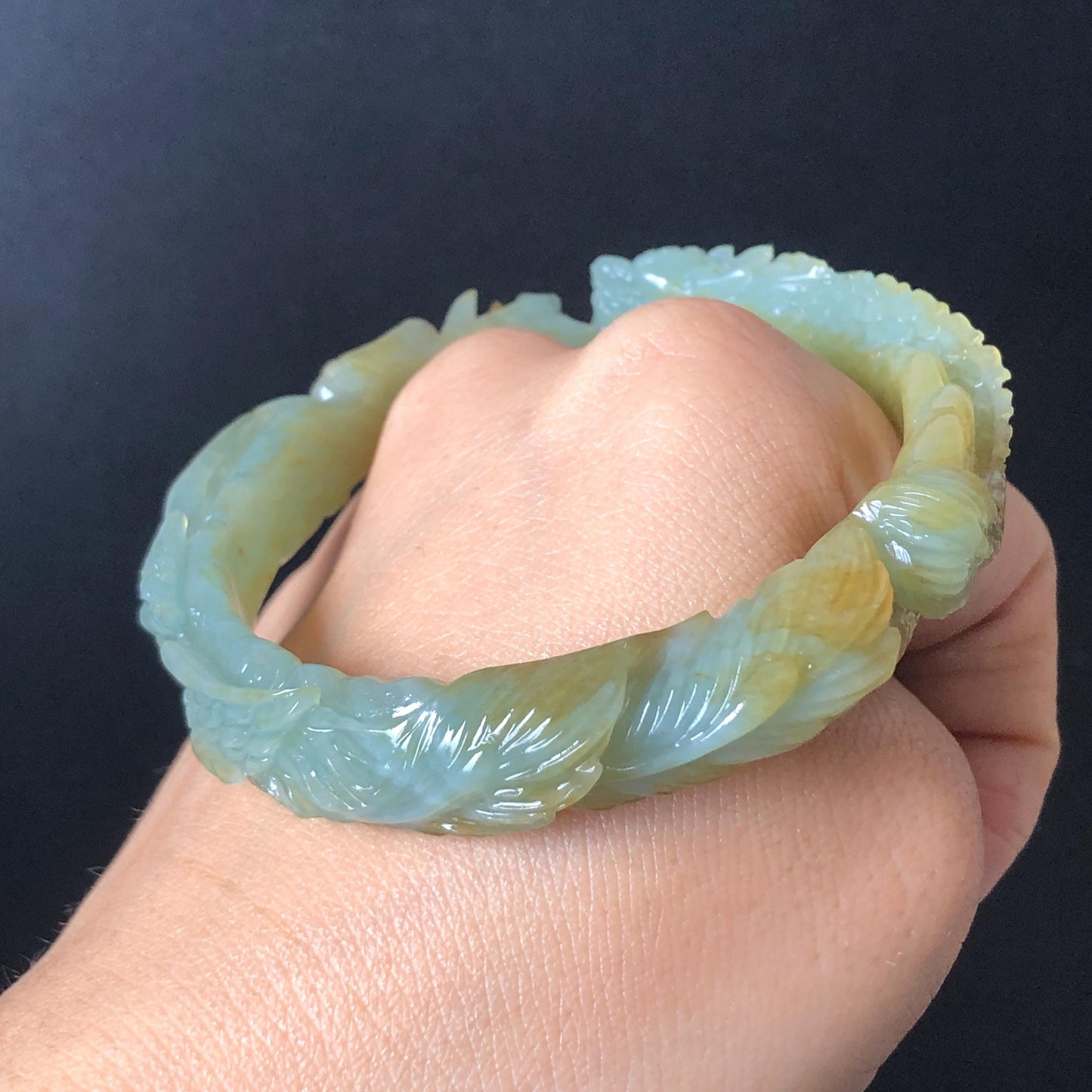 Custom Size 50-65mm! Xiu Jade Dragon & Phoenix Hand Carved Bangle: Certified Natural Serpentine Yellow Green Jade handcrafted Bracelet 3D stone carving Accept Customized order tailor-made bangle customized gift dragon lover gift for her natural jade with certificate bracelet green jade yellow jade multicolour jade certified jade stone bangle gemstone bracelet jade carving phoenix carving peony carving personalized gift make to order chinese untreated jade birthday gift hallow out