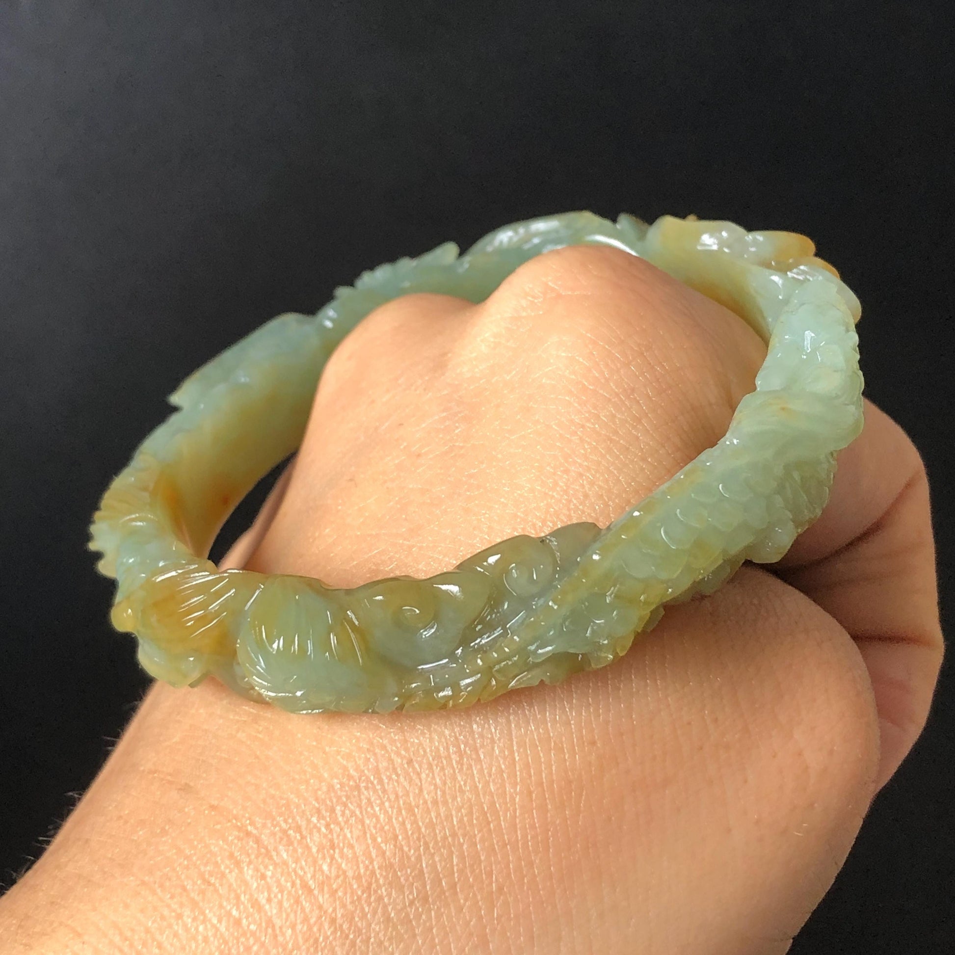 Custom Size 50-65mm! Xiu Jade Dragon & Phoenix Hand Carved Bangle: Certified Natural Serpentine Yellow Green Jade handcrafted Bracelet 3D stone carving Accept Customized order tailor-made bangle customized gift dragon lover gift for her natural jade with certificate bracelet green jade yellow jade multicolour jade certified jade stone bangle gemstone bracelet jade carving phoenix carving peony carving personalized gift make to order chinese untreated jade birthday gift hallow out