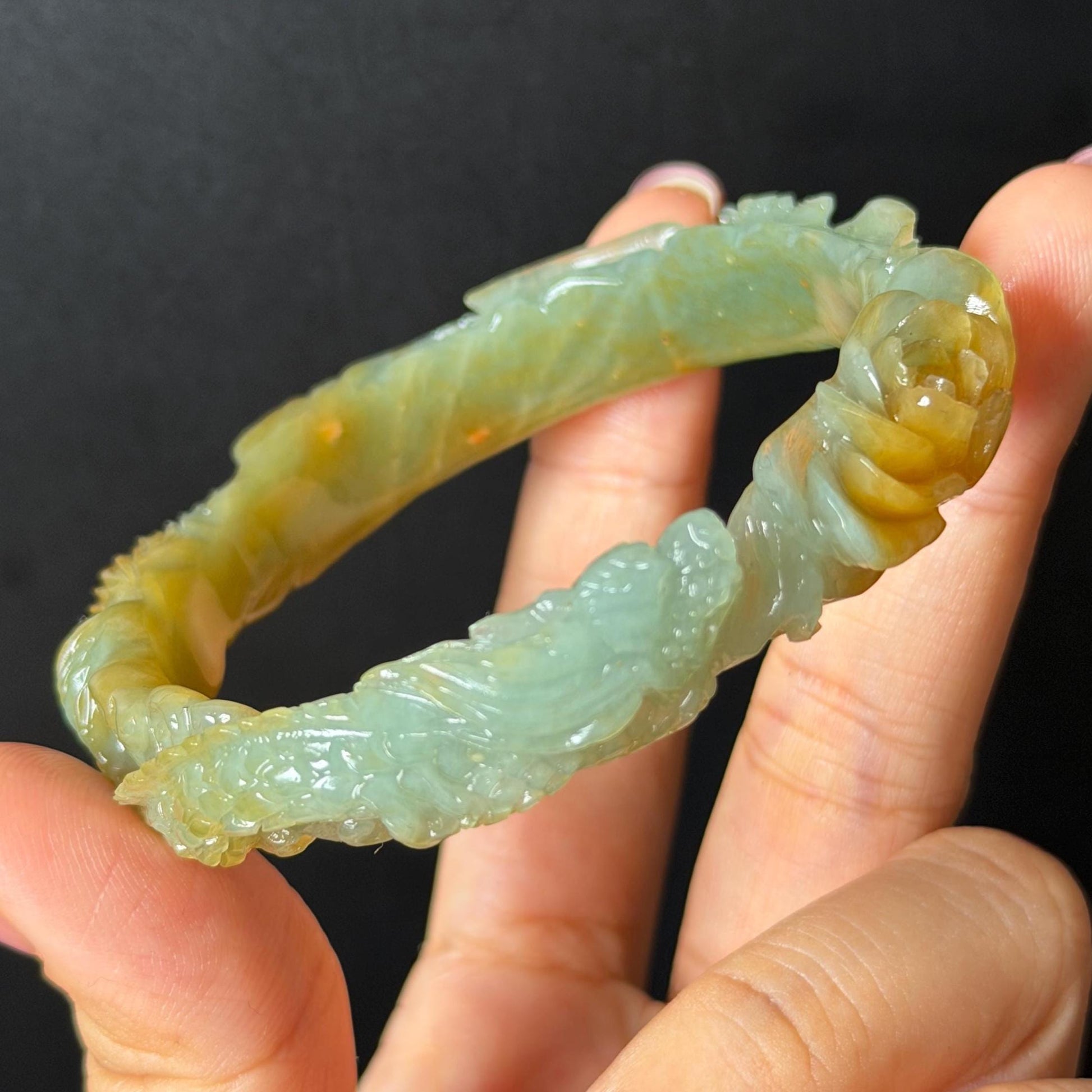 Custom Size 50-65mm! Xiu Jade Dragon & Phoenix Hand Carved Bangle: Certified Natural Serpentine Yellow Green Jade handcrafted Bracelet 3D stone carving Accept Customized order tailor-made bangle customized gift dragon lover gift for her natural jade with certificate bracelet green jade yellow jade multicolour jade certified jade stone bangle gemstone bracelet jade carving phoenix carving peony carving personalized gift make to order chinese untreated jade birthday gift hallow out