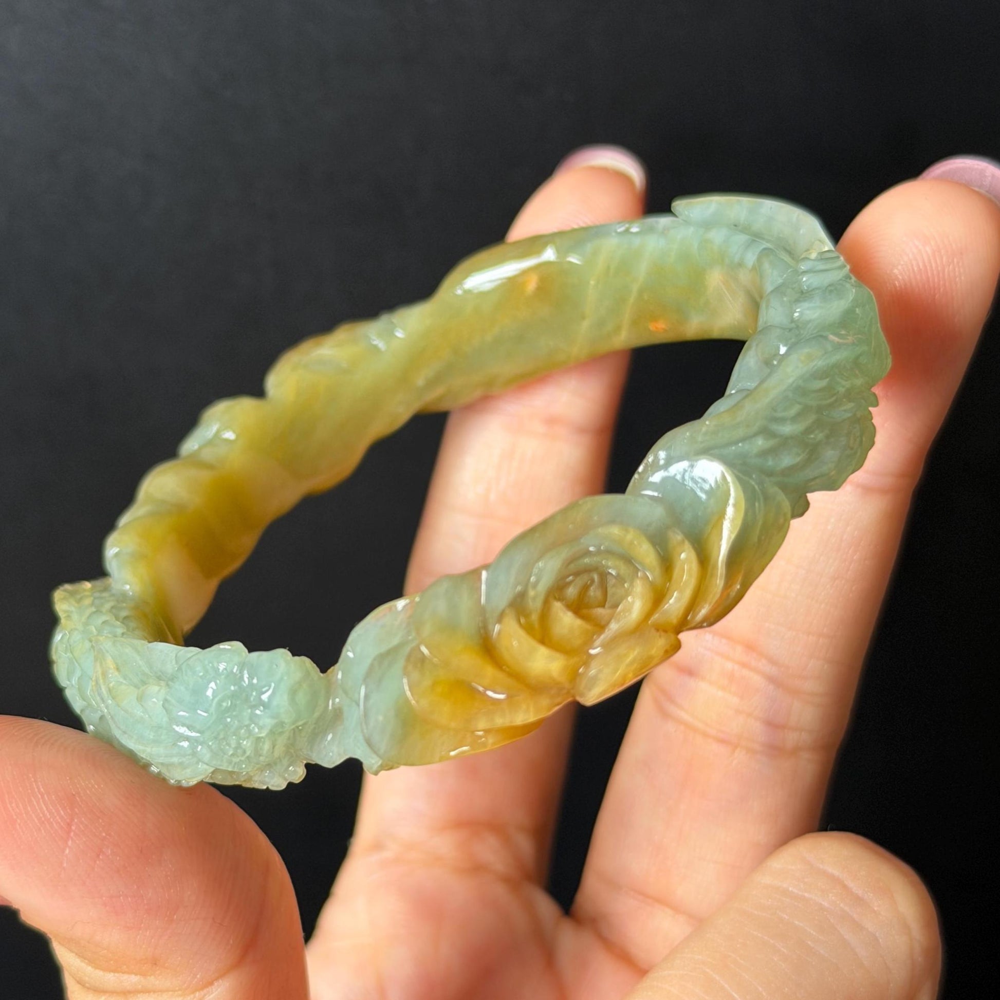 Custom Size 50-65mm! Xiu Jade Dragon & Phoenix Hand Carved Bangle: Certified Natural Serpentine Yellow Green Jade handcrafted Bracelet 3D stone carving Accept Customized order tailor-made bangle customized gift dragon lover gift for her natural jade with certificate bracelet green jade yellow jade multicolour jade certified jade stone bangle gemstone bracelet jade carving phoenix carving peony carving personalized gift make to order chinese untreated jade birthday gift hallow out