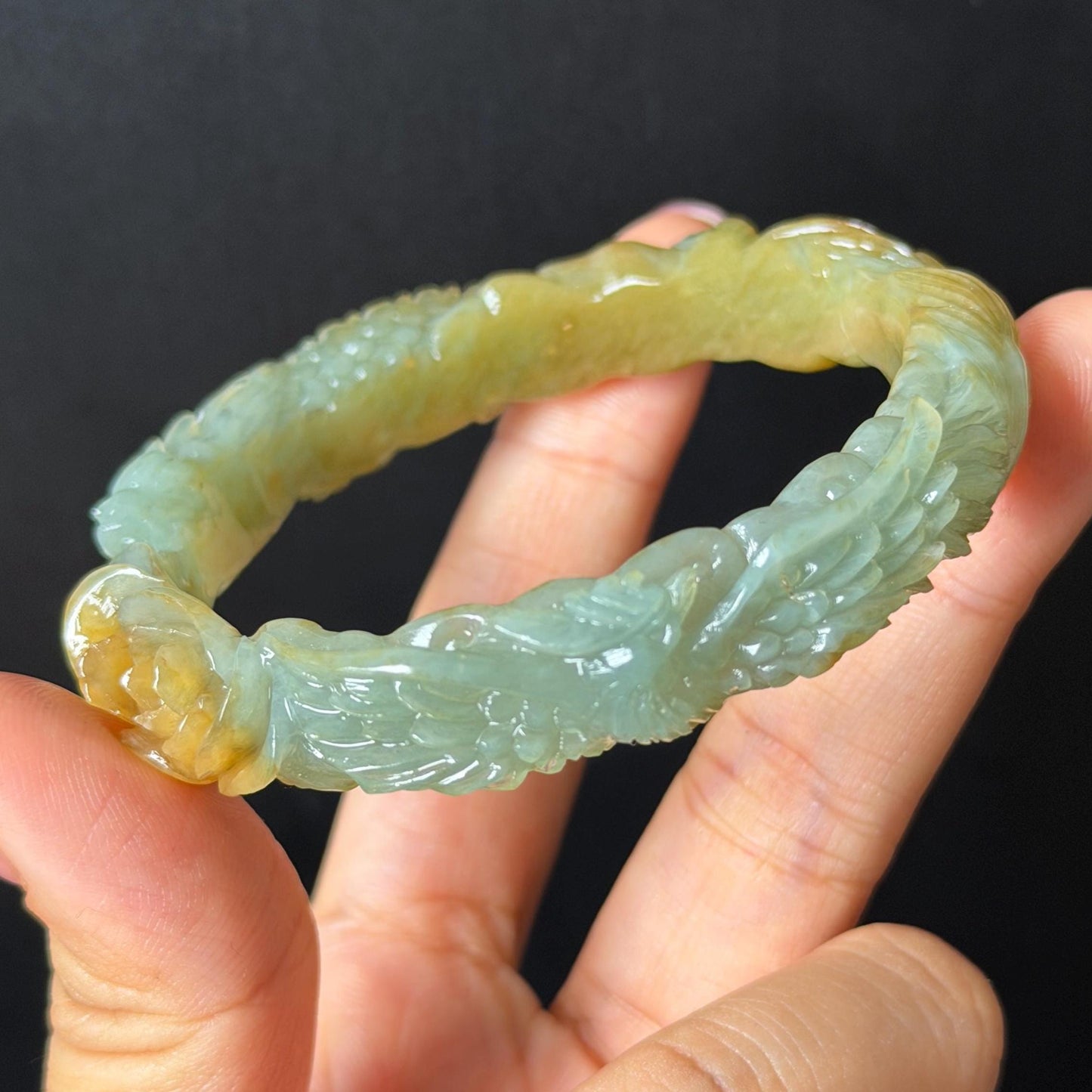 Custom Size 50-65mm! Xiu Jade Dragon & Phoenix Hand Carved Bangle: Certified Natural Serpentine Yellow Green Jade handcrafted Bracelet 3D stone carving Accept Customized order tailor-made bangle customized gift dragon lover gift for her natural jade with certificate bracelet green jade yellow jade multicolour jade certified jade stone bangle gemstone bracelet jade carving phoenix carving peony carving personalized gift make to order chinese untreated jade birthday gift hallow out