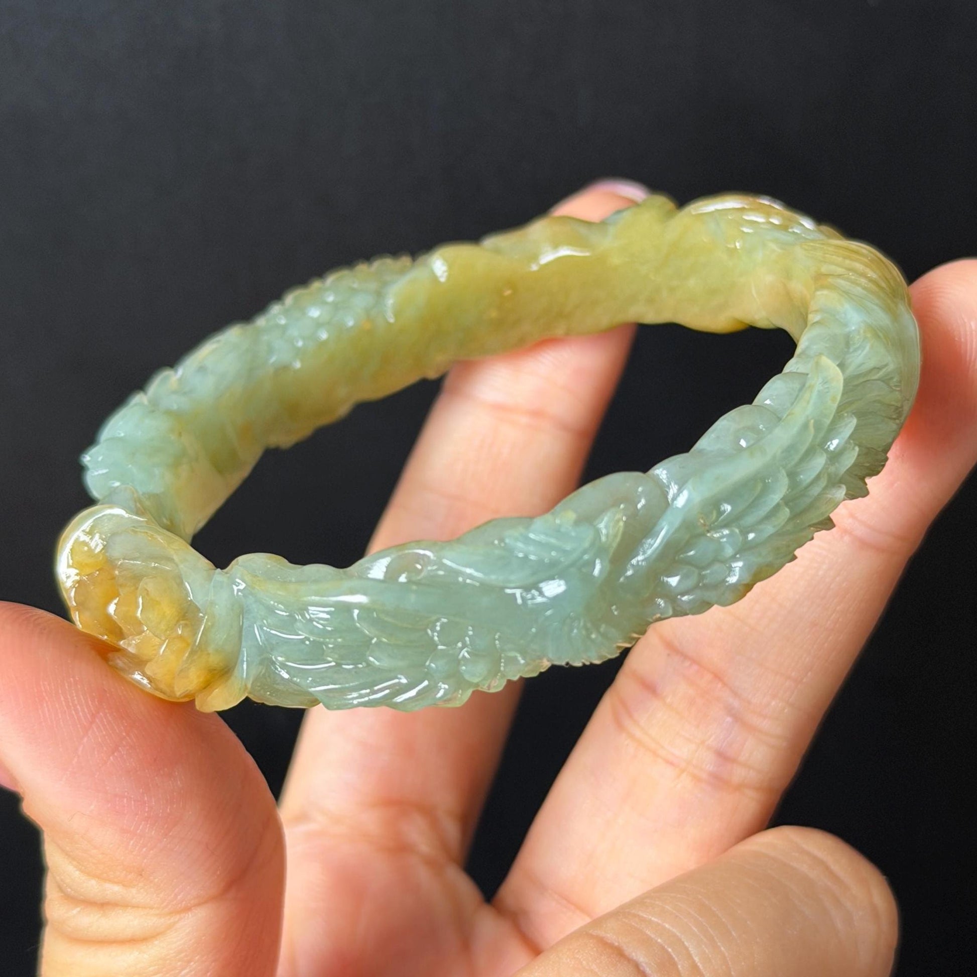 Custom Size 50-65mm! Xiu Jade Dragon & Phoenix Hand Carved Bangle: Certified Natural Serpentine Yellow Green Jade handcrafted Bracelet 3D stone carving Accept Customized order tailor-made bangle customized gift dragon lover gift for her natural jade with certificate bracelet green jade yellow jade multicolour jade certified jade stone bangle gemstone bracelet jade carving phoenix carving peony carving personalized gift make to order chinese untreated jade birthday gift hallow out