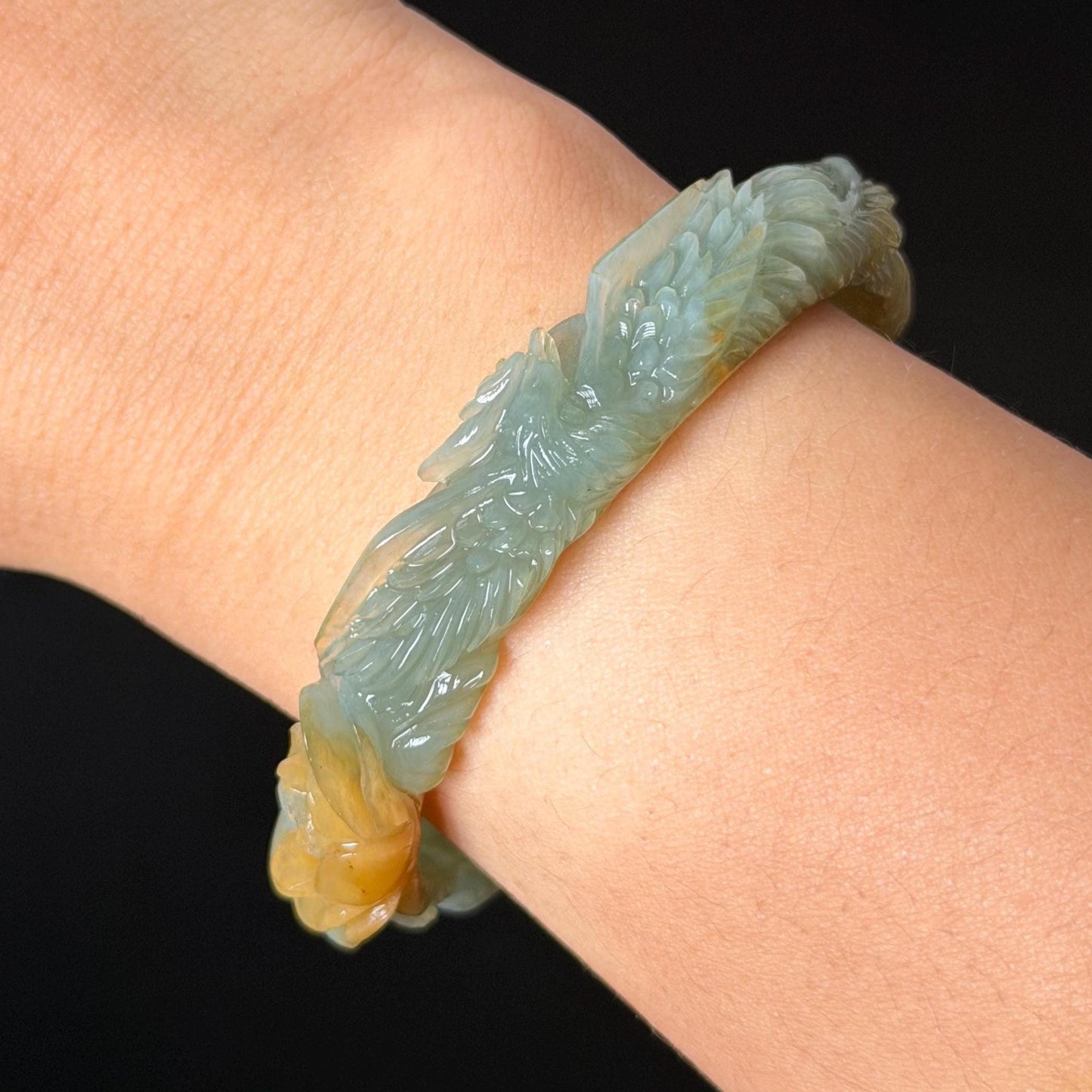 Custom Size 50-65mm! Xiu Jade Dragon & Phoenix Hand Carved Bangle: Certified Natural Serpentine Yellow Green Jade handcrafted Bracelet 3D stone carving Accept Customized order tailor-made bangle customized gift dragon lover gift for her natural jade with certificate bracelet green jade yellow jade multicolour jade certified jade stone bangle gemstone bracelet jade carving phoenix carving peony carving personalized gift make to order chinese untreated jade birthday gift hallow out