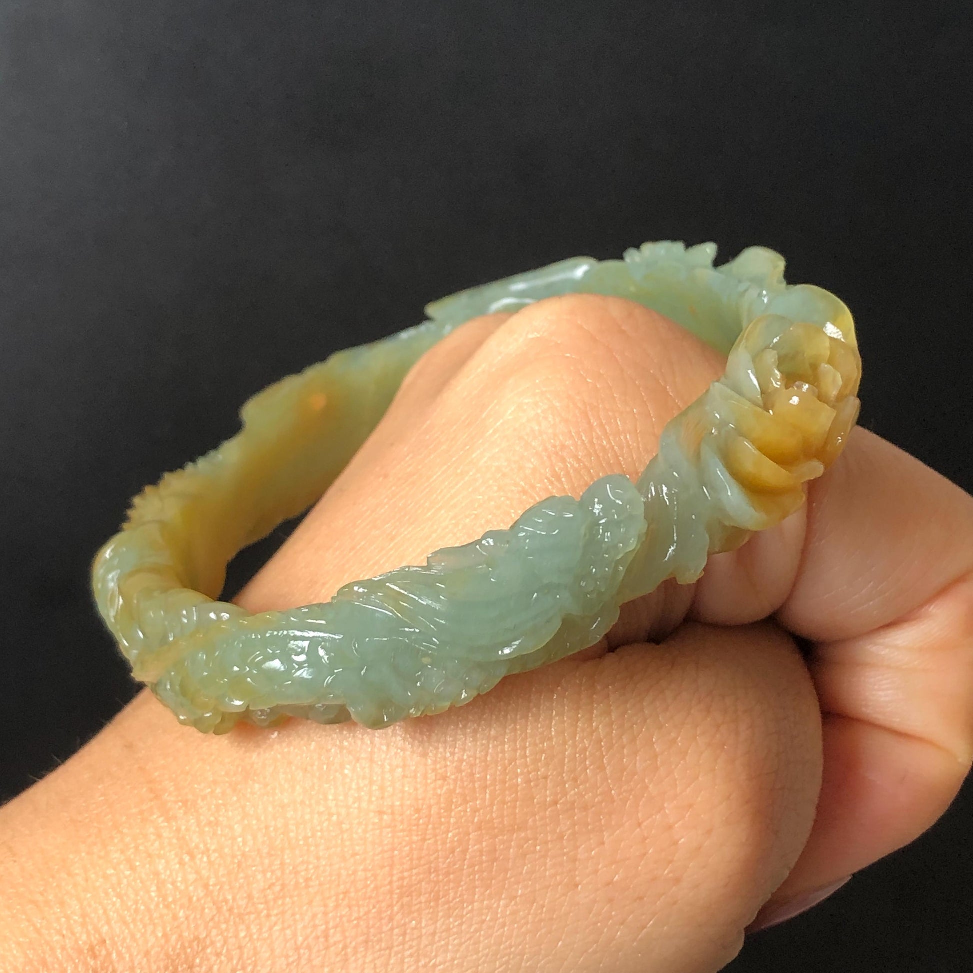 Custom Size 50-65mm! Xiu Jade Dragon & Phoenix Hand Carved Bangle: Certified Natural Serpentine Yellow Green Jade handcrafted Bracelet 3D stone carving Accept Customized order tailor-made bangle customized gift dragon lover gift for her natural jade with certificate bracelet green jade yellow jade multicolour jade certified jade stone bangle gemstone bracelet jade carving phoenix carving peony carving personalized gift make to order chinese untreated jade birthday gift hallow out