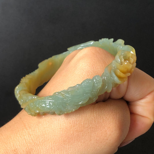 Custom Size 50-65mm! Xiu Jade Dragon & Phoenix Hand Carved Bangle: Certified Natural Serpentine Yellow Green Jade handcrafted Bracelet 3D stone carving Accept Customized order tailor-made bangle customized gift dragon lover gift for her natural jade with certificate bracelet green jade yellow jade multicolour jade certified jade stone bangle gemstone bracelet jade carving phoenix carving peony carving personalized gift make to order chinese untreated jade birthday gift hallow out
