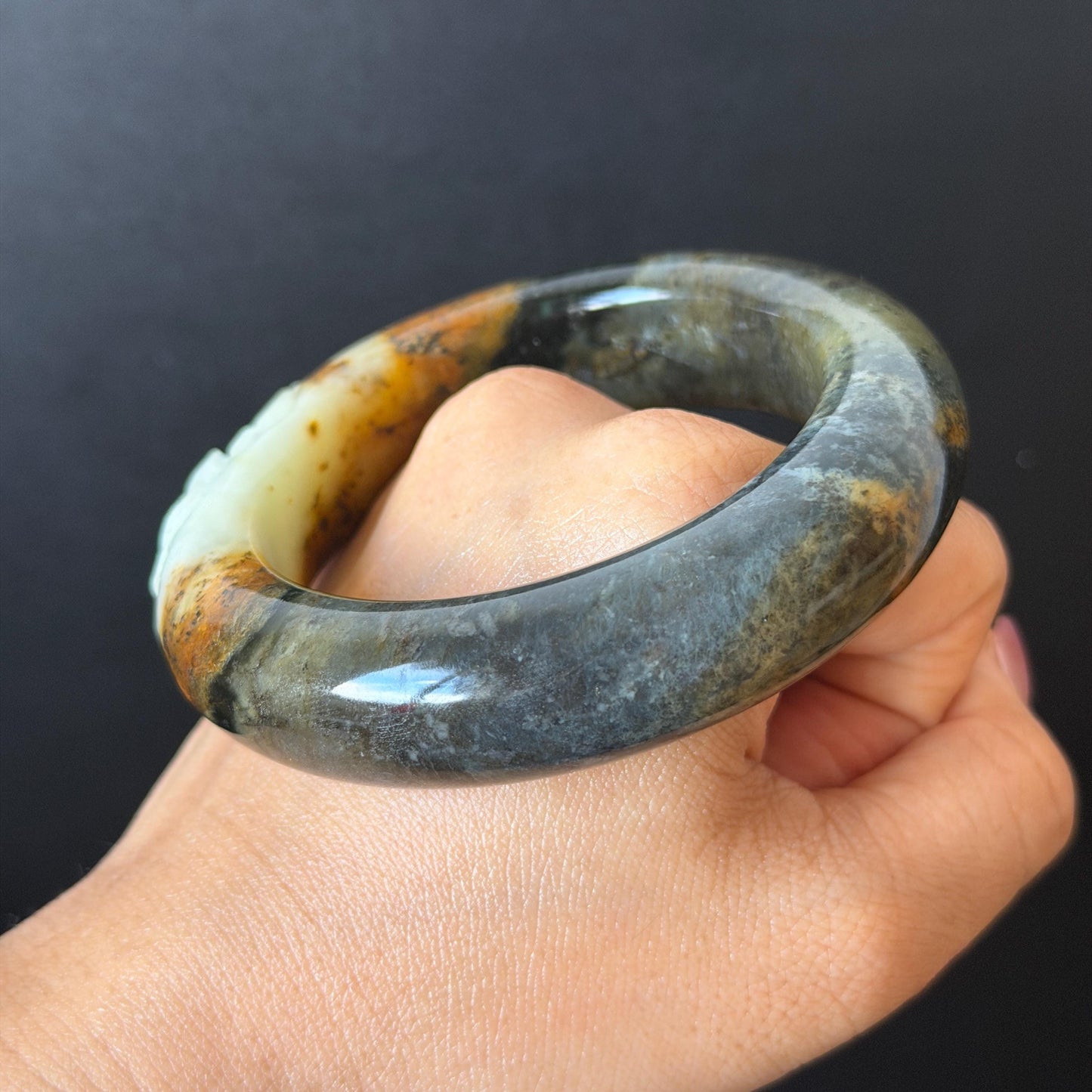 58.2mm Xiu Jade Serpentine Hand Carved Peony Flower Bangle: Natural Green Brown White Jade Handcrafted Bracelet, Stone Carving Gemstone Jewelry  Gift for her wide jade bangle jade carving hand engraved stone carving natural untreated jade bracelet white jade brown jade brown green jade handcrafted jade peony carving flower carving chinese jade vintage bangle antique bracelet sesame bracelet multi colour jade multicolor jade mother day gift