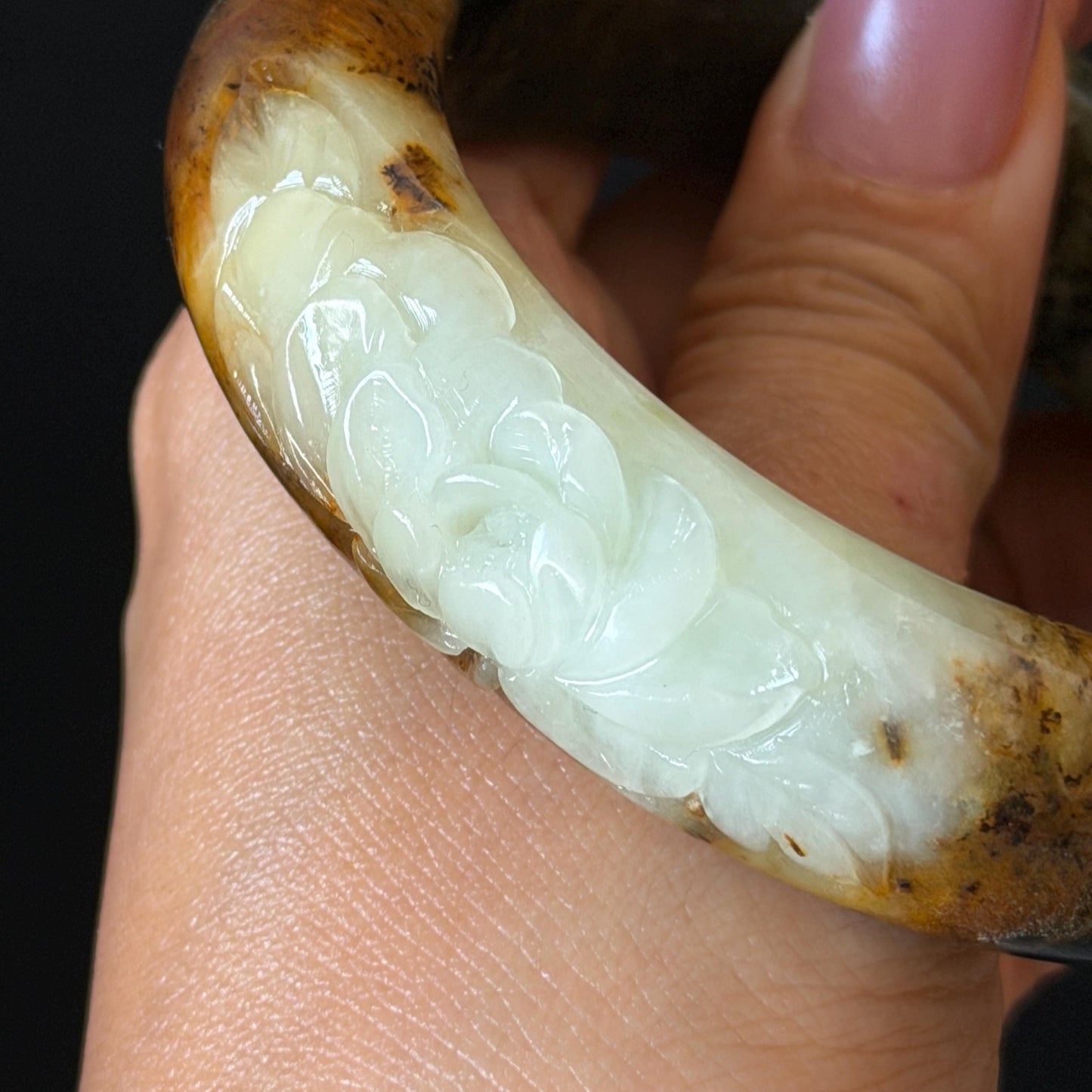 58.2mm Xiu Jade Serpentine Hand Carved Peony Flower Bangle: Natural Green Brown White Jade Handcrafted Bracelet, Stone Carving Gemstone Jewelry  Gift for her wide jade bangle jade carving hand engraved stone carving natural untreated jade bracelet white jade brown jade brown green jade handcrafted jade peony carving flower carving chinese jade vintage bangle antique bracelet sesame bracelet multi colour jade multicolor jade mother day gift