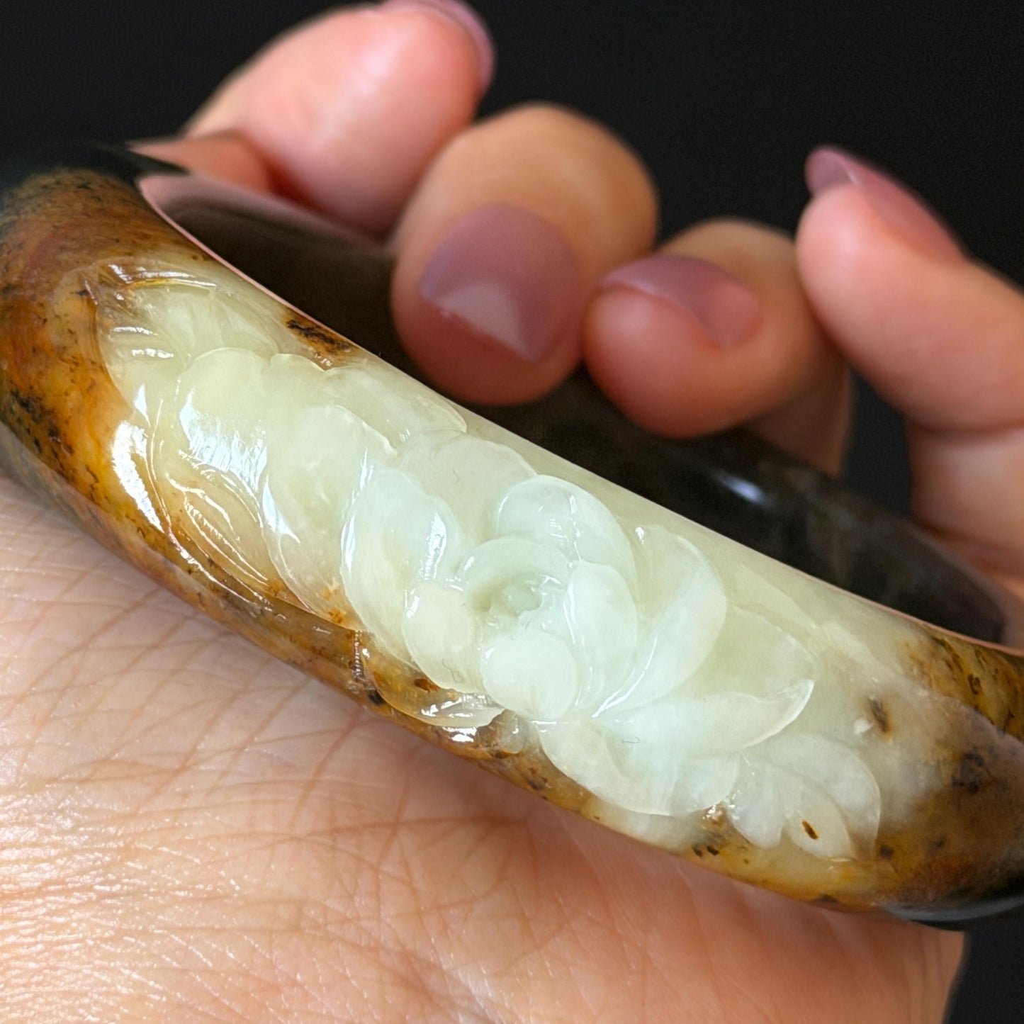 58.2mm Xiu Jade Serpentine Hand Carved Peony Flower Bangle: Natural Green Brown White Jade Handcrafted Bracelet, Stone Carving Gemstone Jewelry  Gift for her wide jade bangle jade carving hand engraved stone carving natural untreated jade bracelet white jade brown jade brown green jade handcrafted jade peony carving flower carving chinese jade vintage bangle antique bracelet sesame bracelet multi colour jade multicolor jade mother day gift
