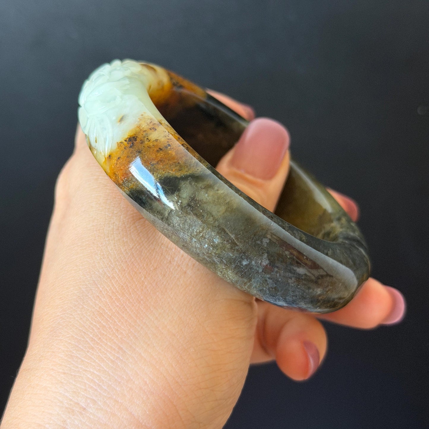 58.2mm Xiu Jade Serpentine Hand Carved Peony Flower Bangle: Natural Green Brown White Jade Handcrafted Bracelet, Stone Carving Gemstone Jewelry  Gift for her wide jade bangle jade carving hand engraved stone carving natural untreated jade bracelet white jade brown jade brown green jade handcrafted jade peony carving flower carving chinese jade vintage bangle antique bracelet sesame bracelet multi colour jade multicolor jade mother day gift