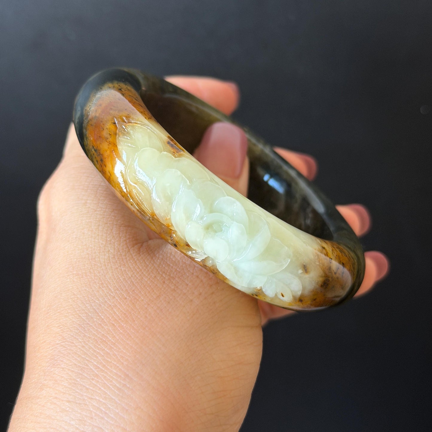 58.2mm Xiu Jade Serpentine Hand Carved Peony Flower Bangle: Natural Green Brown White Jade Handcrafted Bracelet, Stone Carving Gemstone Jewelry  Gift for her wide jade bangle jade carving hand engraved stone carving natural untreated jade bracelet white jade brown jade brown green jade handcrafted jade peony carving flower carving chinese jade vintage bangle antique bracelet sesame bracelet multi colour jade multicolor jade mother day gift