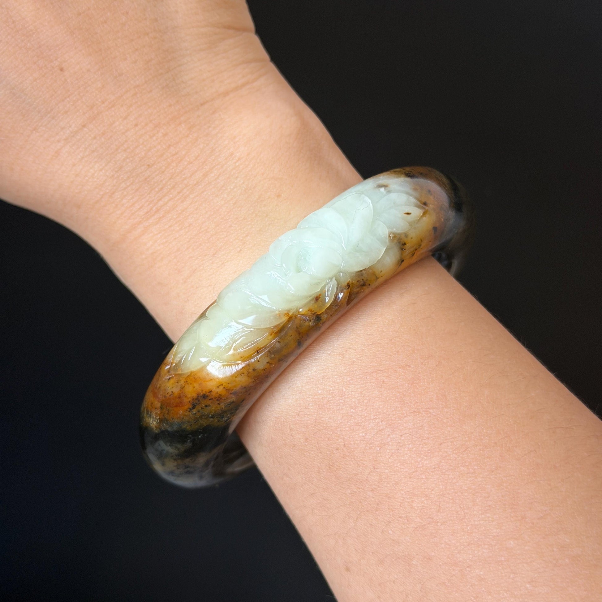 58.2mm Xiu Jade Serpentine Hand Carved Peony Flower Bangle: Natural Green Brown White Jade Handcrafted Bracelet, Stone Carving Gemstone Jewelry  Gift for her wide jade bangle jade carving hand engraved stone carving natural untreated jade bracelet white jade brown jade brown green jade handcrafted jade peony carving flower carving chinese jade vintage bangle antique bracelet sesame bracelet multi colour jade multicolor jade mother day gift