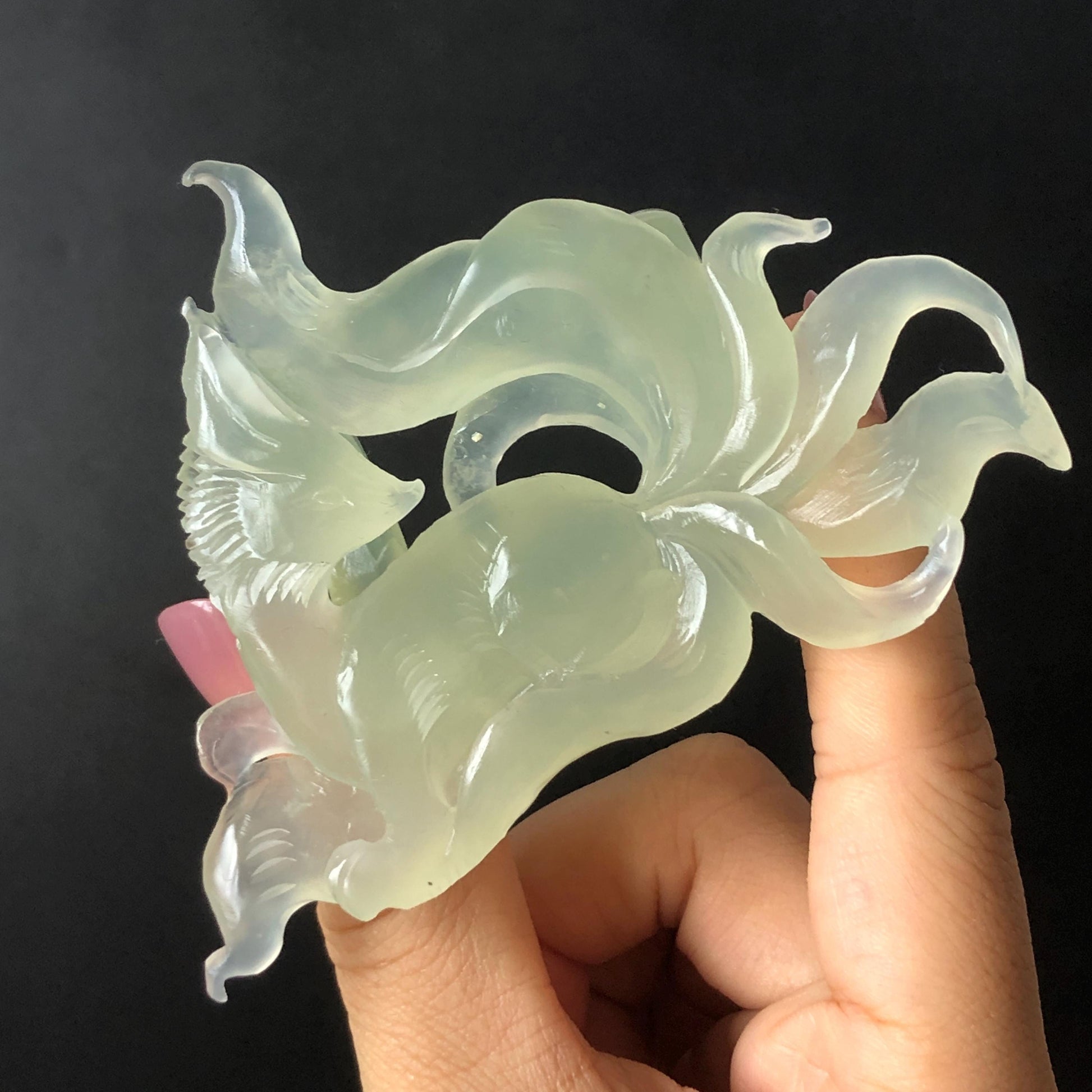 Xiu Jade Nine-tailed Fox Hand Carved Hair Crown: Natural Serpentine Ice Green  Jade Hanfu Hair Stick 3D stone carving Asian Chinese Vintage Style  Gift for her, hairpin, green jade hair stick, hair fork, chinese hairpin, korean hair stick, japanese hair pin, vinatge hair comb, bridal hair clip, fox lover gift, hand carved fox, hand engraved animals carving, fox carving, real jade untreated jade bridal headpiece wedding hair jewelry hollow out carving gift for her engagement gift