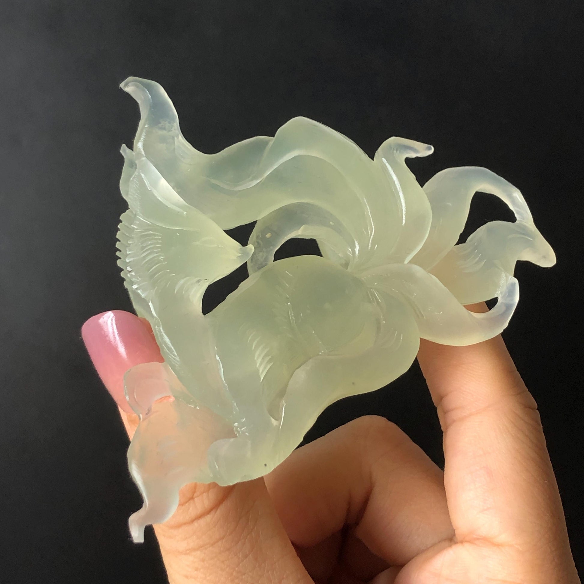 Xiu Jade Nine-tailed Fox Hand Carved Hair Crown: Natural Serpentine Ice Green  Jade Hanfu Hair Stick 3D stone carving Asian Chinese Vintage Style  Gift for her, hairpin, green jade hair stick, hair fork, chinese hairpin, korean hair stick, japanese hair pin, vinatge hair comb, bridal hair clip, fox lover gift, hand carved fox, hand engraved animals carving, fox carving, real jade untreated jade bridal headpiece wedding hair jewelry hollow out carving gift for her engagement gift