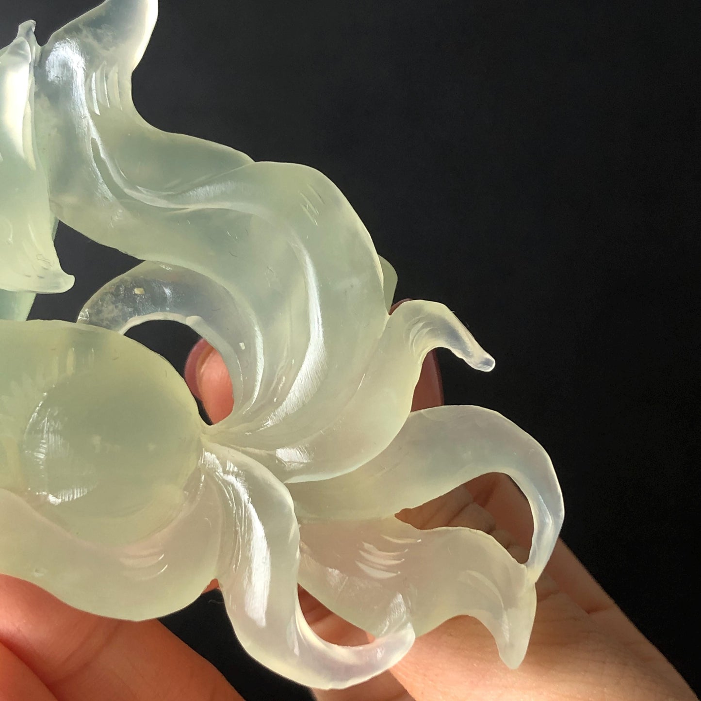 Xiu Jade Nine-tailed Fox Hand Carved Hair Crown: Natural Serpentine Ice Green  Jade Hanfu Hair Stick 3D stone carving Asian Chinese Vintage Style  Gift for her, hairpin, green jade hair stick, hair fork, chinese hairpin, korean hair stick, japanese hair pin, vinatge hair comb, bridal hair clip, fox lover gift, hand carved fox, hand engraved animals carving, fox carving, real jade untreated jade bridal headpiece wedding hair jewelry hollow out carving gift for her engagement gift