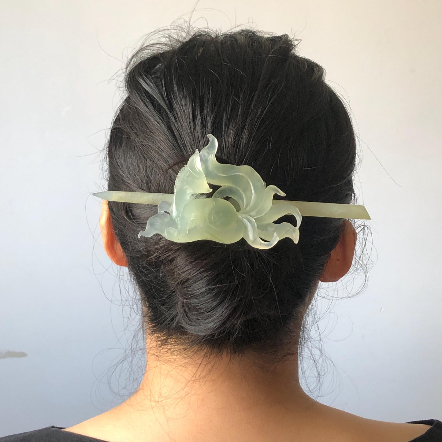 Xiu Jade Nine-tailed Fox Hand Carved Hair Crown: Natural Serpentine Ice Green  Jade Hanfu Hair Stick 3D stone carving Asian Chinese Vintage Style  Gift for her, hairpin, green jade hair stick, hair fork, chinese hairpin, korean hair stick, japanese hair pin, vinatge hair comb, bridal hair clip, fox lover gift, hand carved fox, hand engraved animals carving, fox carving, real jade untreated jade bridal headpiece wedding hair jewelry hollow out carving gift for her engagement gift