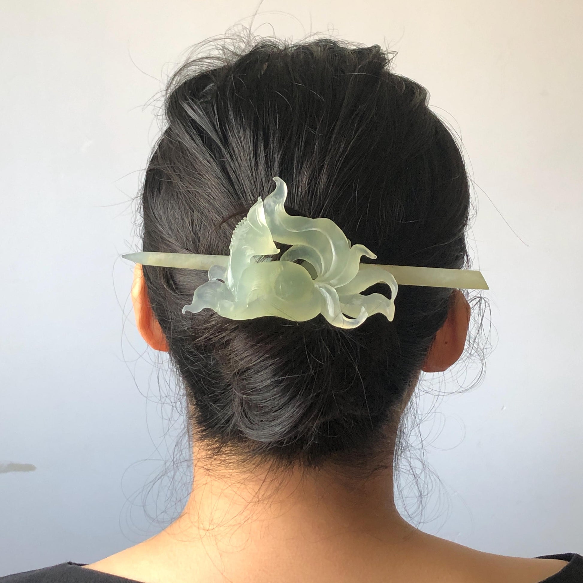 Xiu Jade Nine-tailed Fox Hand Carved Hair Crown: Natural Serpentine Ice Green  Jade Hanfu Hair Stick 3D stone carving Asian Chinese Vintage Style  Gift for her, hairpin, green jade hair stick, hair fork, chinese hairpin, korean hair stick, japanese hair pin, vinatge hair comb, bridal hair clip, fox lover gift, hand carved fox, hand engraved animals carving, fox carving, real jade untreated jade bridal headpiece wedding hair jewelry hollow out carving gift for her engagement gift