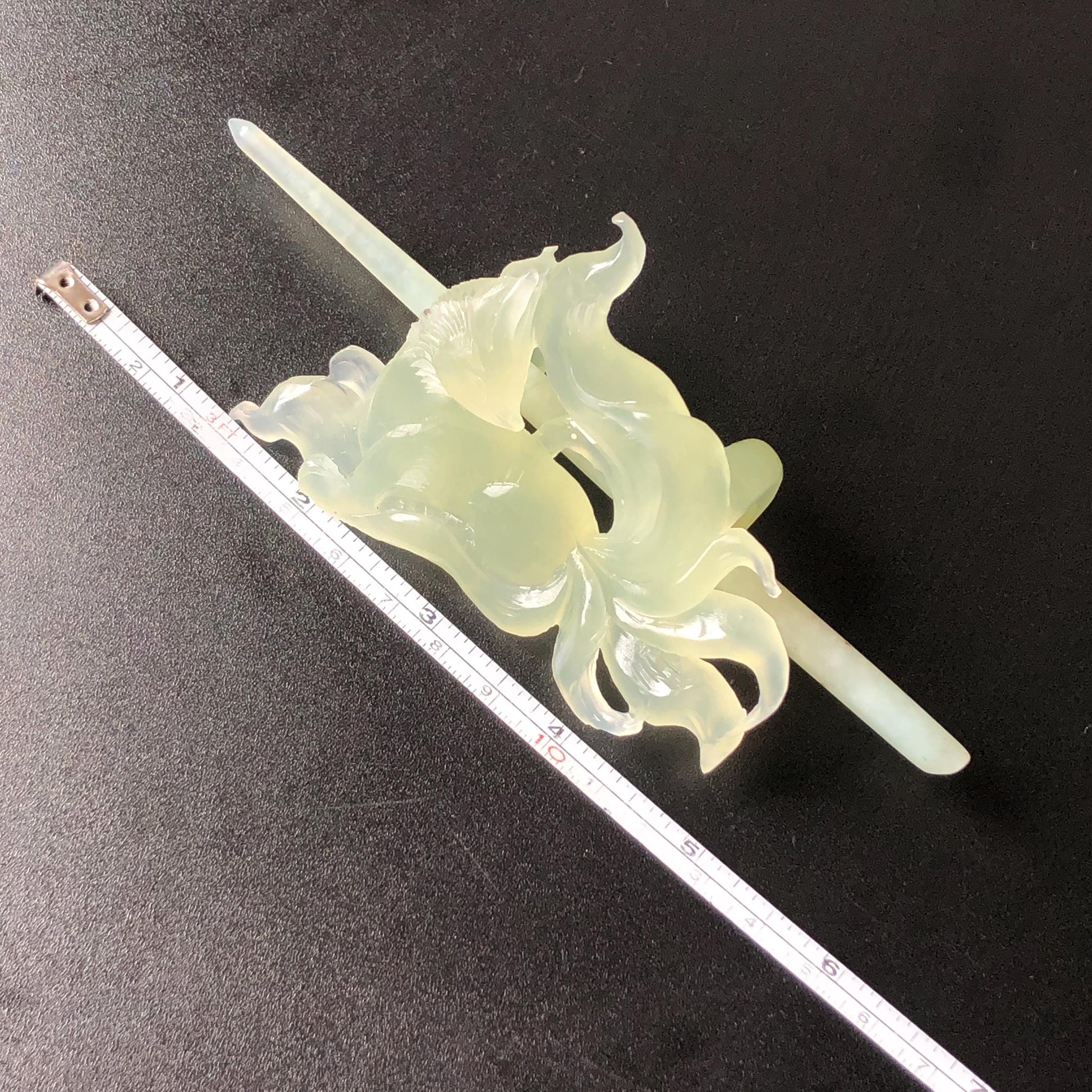 Xiu Jade Nine-tailed Fox Hand Carved Hair Crown: Natural Serpentine Ice Green Jade Vintage Hanfu Hair Stick 3D stone carving Hair Jewelry