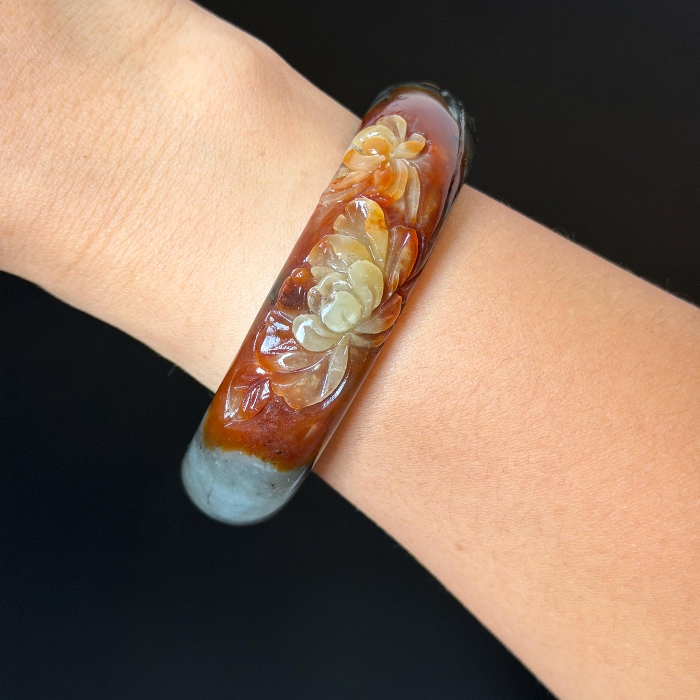 58.3mm Xiu Jade Serpentine Hand Carved Peony Flower Bangle: Natural Multicolor Grey Brown White Jade Handcrafted Bracelet, Stone Carving Gemstone Jewelry Gift for her wide jade bangle jade carving hand engraved stone carving natural untreated jade bracelet white jade brown jade brown black jade handcrafted jade lotus carving flower carving chinese jade vintage bangle antique bracelet sesame bracelet multi colour jade multicolor jade mother day gift peony carving flower carving jade carving