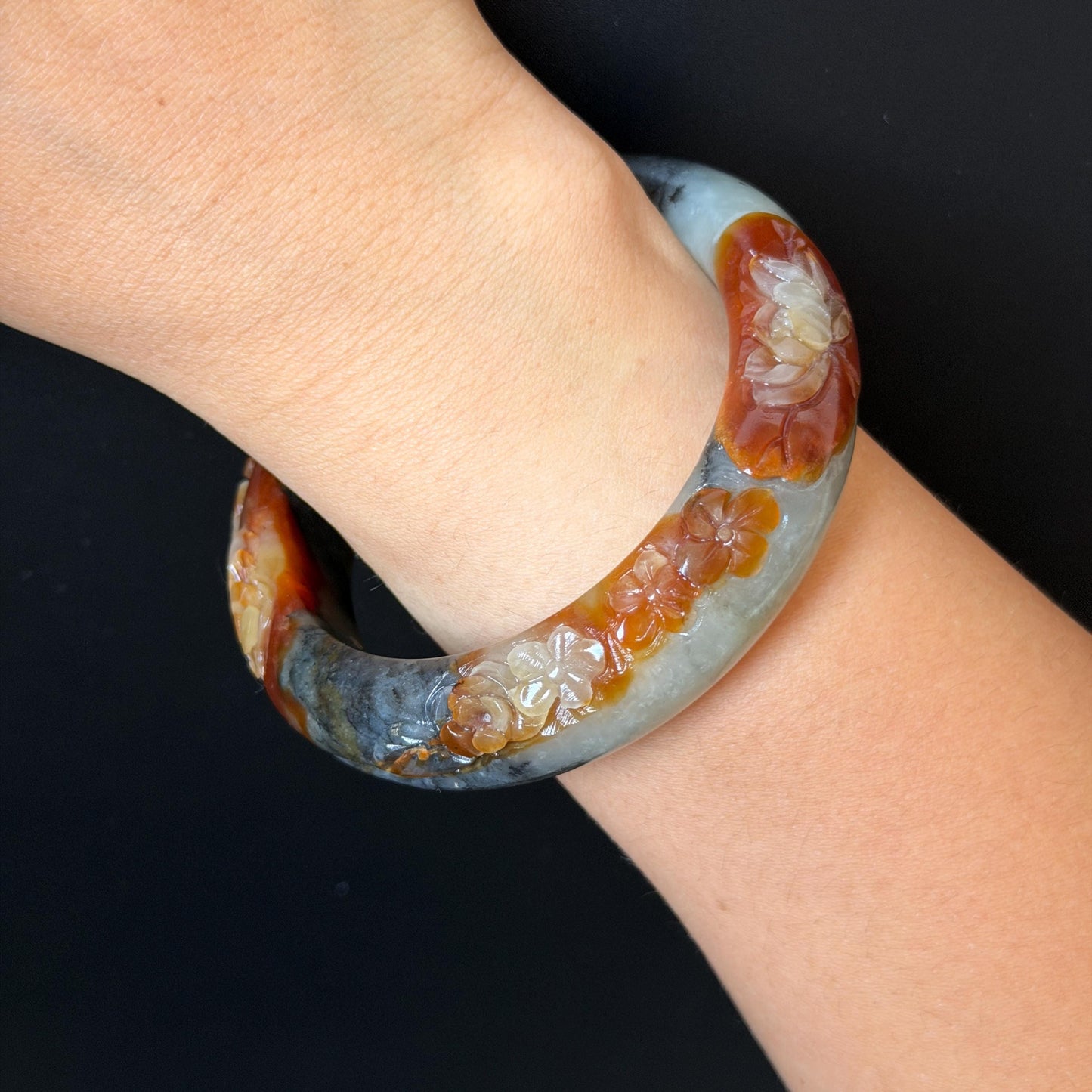 58.3mm Xiu Jade Serpentine Hand Carved Peony Flower Bangle: Natural Multicolor Grey Brown White Jade Handcrafted Bracelet, Stone Carving Gemstone Jewelry Gift for her wide jade bangle jade carving hand engraved stone carving natural untreated jade bracelet white jade brown jade brown black jade handcrafted jade lotus carving flower carving chinese jade vintage bangle antique bracelet sesame bracelet multi colour jade multicolor jade mother day gift peony carving flower carving jade carving