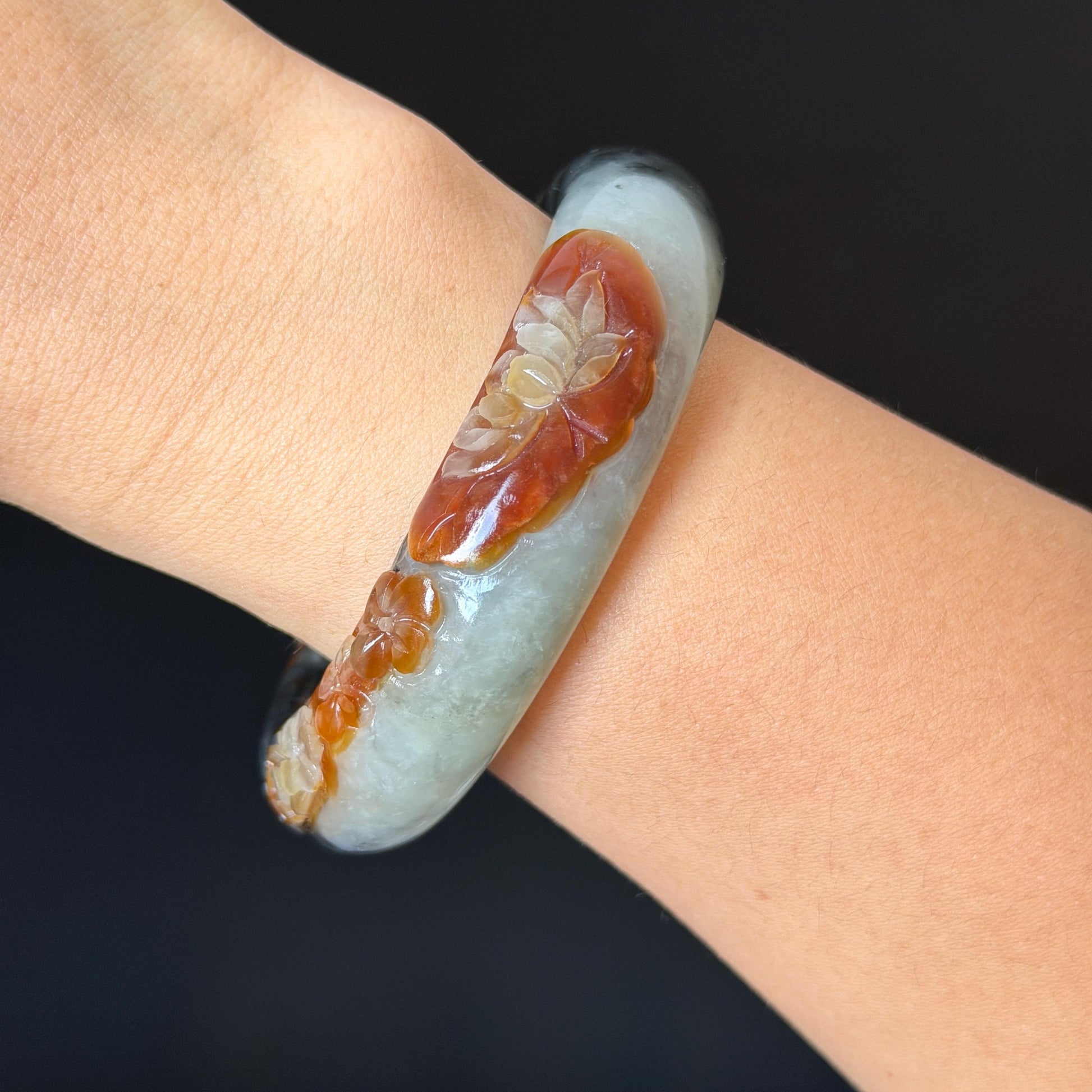 58.3mm Xiu Jade Serpentine Hand Carved Peony Flower Bangle: Natural Multicolor Grey Brown White Jade Handcrafted Bracelet, Stone Carving Gemstone Jewelry Gift for her wide jade bangle jade carving hand engraved stone carving natural untreated jade bracelet white jade brown jade brown black jade handcrafted jade lotus carving flower carving chinese jade vintage bangle antique bracelet sesame bracelet multi colour jade multicolor jade mother day gift peony carving flower carving jade carving