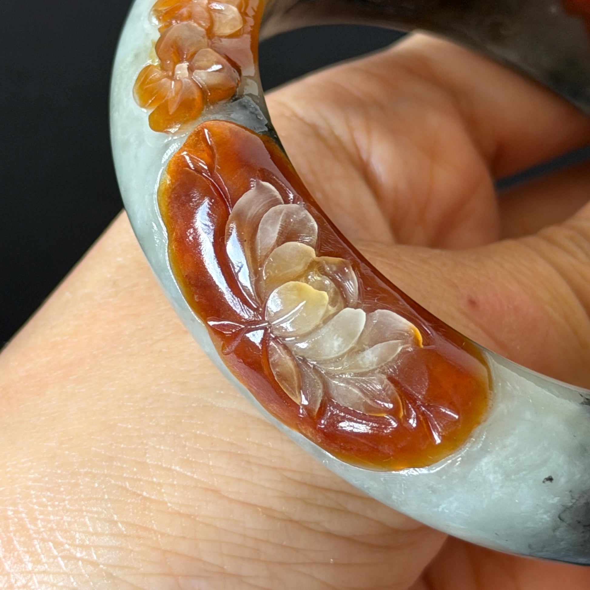 58.3mm Xiu Jade Serpentine Hand Carved Peony Flower Bangle: Natural Multicolor Grey Brown White Jade Handcrafted Bracelet, Stone Carving Gemstone Jewelry Gift for her wide jade bangle jade carving hand engraved stone carving natural untreated jade bracelet white jade brown jade brown black jade handcrafted jade lotus carving flower carving chinese jade vintage bangle antique bracelet sesame bracelet multi colour jade multicolor jade mother day gift peony carving flower carving jade carving