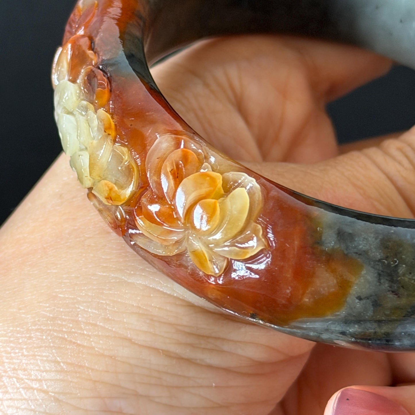 58.3mm Xiu Jade Serpentine Hand Carved Peony Flower Bangle: Natural Multicolor Grey Brown White Jade Handcrafted Bracelet, Stone Carving Gemstone Jewelry Gift for her wide jade bangle jade carving hand engraved stone carving natural untreated jade bracelet white jade brown jade brown black jade handcrafted jade lotus carving flower carving chinese jade vintage bangle antique bracelet sesame bracelet multi colour jade multicolor jade mother day gift peony carving flower carving jade carving