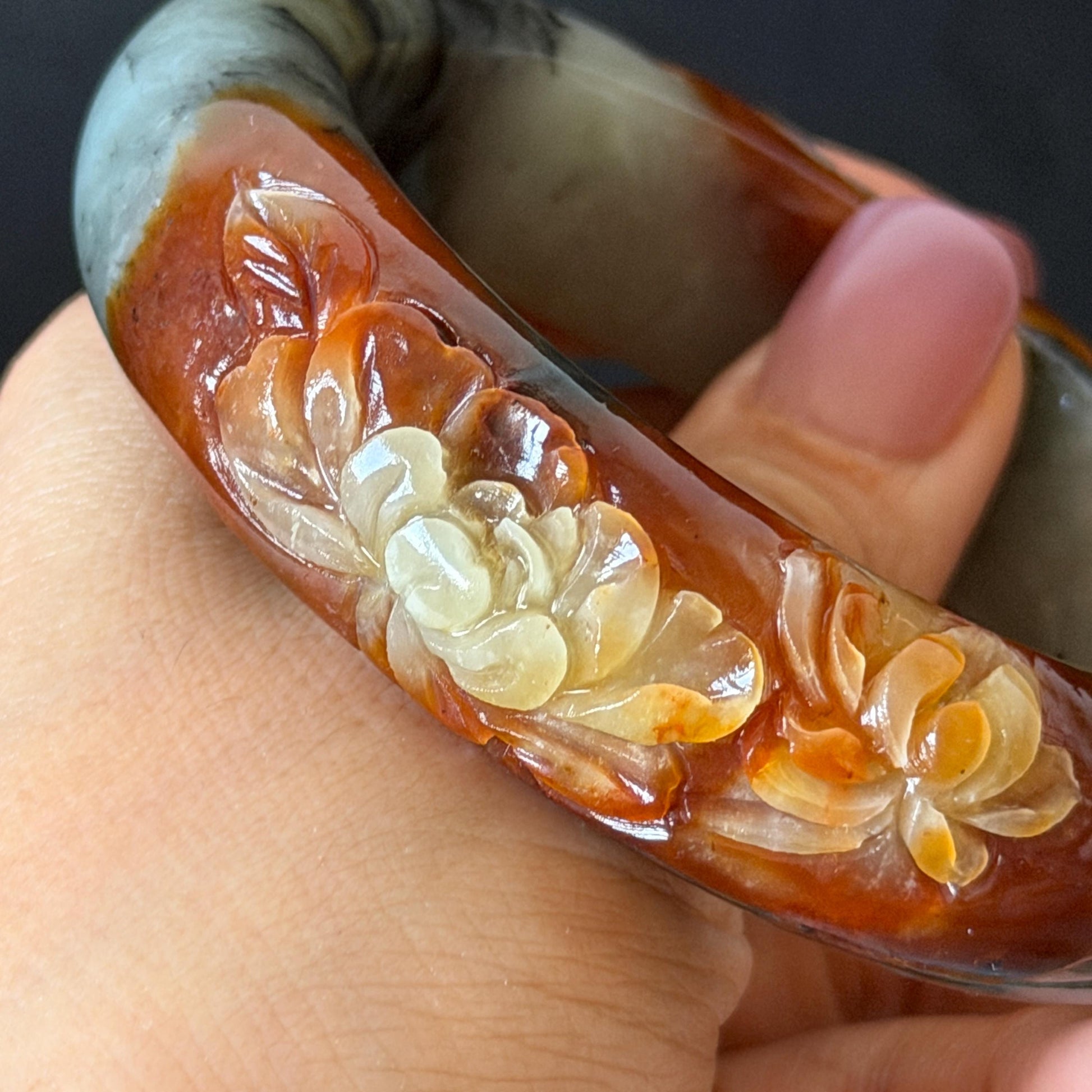 58.3mm Xiu Jade Serpentine Hand Carved Peony Flower Bangle: Natural Multicolor Grey Brown White Jade Handcrafted Bracelet, Stone Carving Gemstone Jewelry Gift for her wide jade bangle jade carving hand engraved stone carving natural untreated jade bracelet white jade brown jade brown black jade handcrafted jade lotus carving flower carving chinese jade vintage bangle antique bracelet sesame bracelet multi colour jade multicolor jade mother day gift peony carving flower carving jade carving