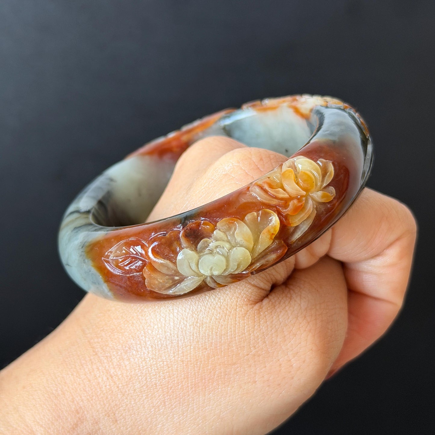 58.3mm Xiu Jade Serpentine Hand Carved Peony Flower Bangle: Natural Multicolor Grey Brown White Jade Handcrafted Bracelet, Stone Carving Gemstone Jewelry Gift for her wide jade bangle jade carving hand engraved stone carving natural untreated jade bracelet white jade brown jade brown black jade handcrafted jade lotus carving flower carving chinese jade vintage bangle antique bracelet sesame bracelet multi colour jade multicolor jade mother day gift peony carving flower carving jade carving