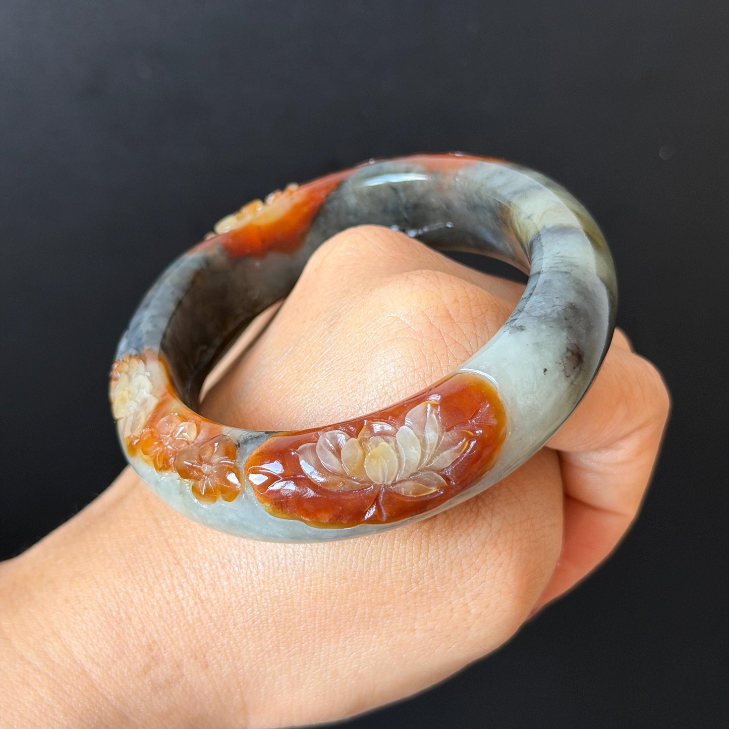 58.3mm Xiu Jade Serpentine Hand Carved Peony Flower Bangle: Natural Multicolor Grey Brown White Jade Handcrafted Bracelet, Stone Carving Gemstone Jewelry Gift for her wide jade bangle jade carving hand engraved stone carving natural untreated jade bracelet white jade brown jade brown black jade handcrafted jade lotus carving flower carving chinese jade vintage bangle antique bracelet sesame bracelet multi colour jade multicolor jade mother day gift peony carving flower carving jade carving
