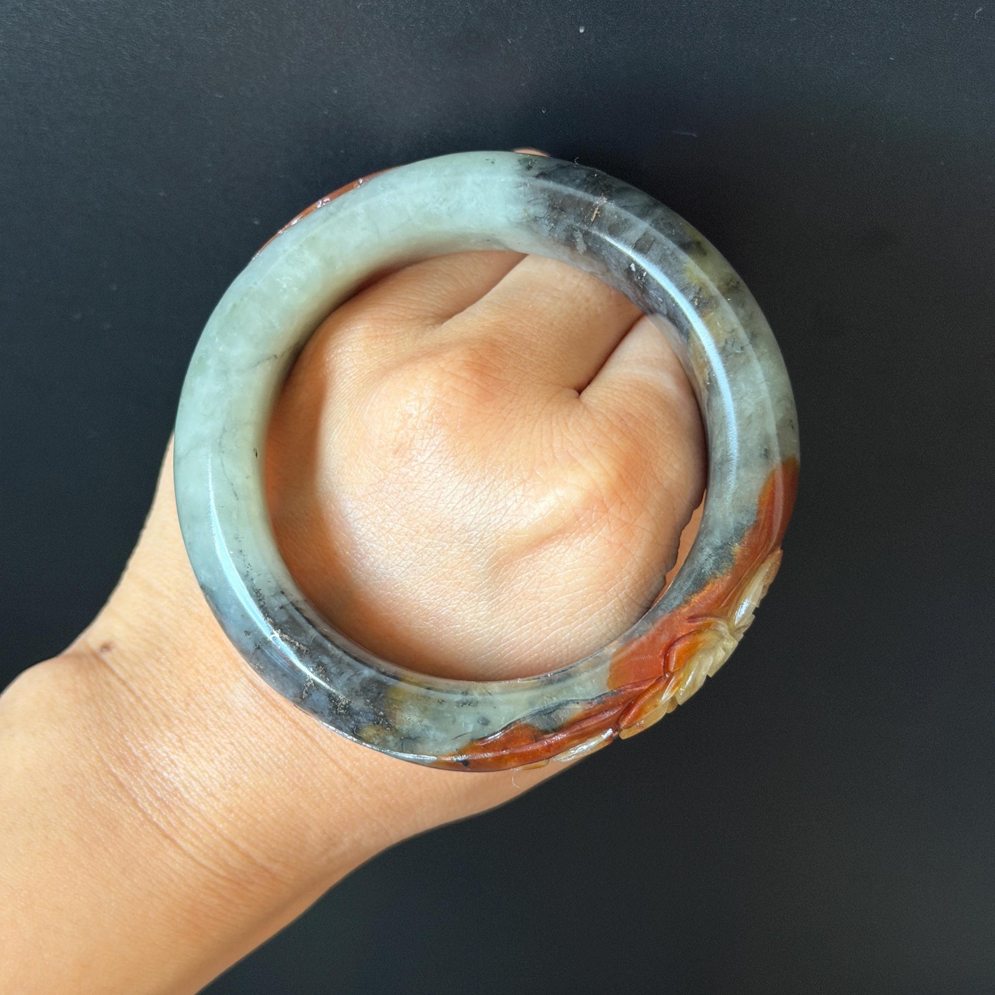 58.3mm Xiu Jade Serpentine Hand Carved Peony Flower Bangle: Natural Multicolor Grey Brown White Jade Handcrafted Bracelet, Stone Carving Gemstone Jewelry Gift for her wide jade bangle jade carving hand engraved stone carving natural untreated jade bracelet white jade brown jade brown black jade handcrafted jade lotus carving flower carving chinese jade vintage bangle antique bracelet sesame bracelet multi colour jade multicolor jade mother day gift peony carving flower carving jade carving