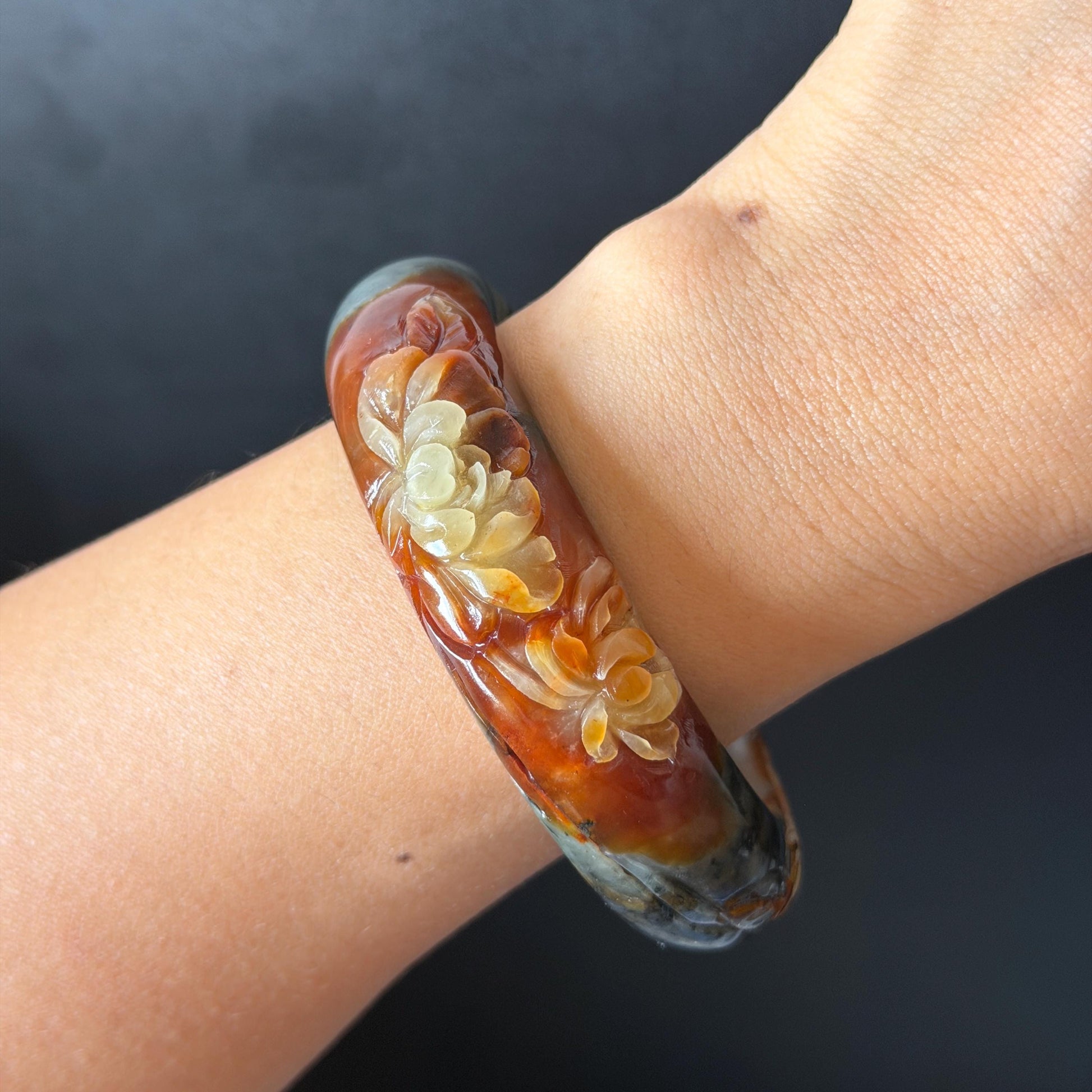 58.3mm Xiu Jade Serpentine Hand Carved Peony Flower Bangle: Natural Multicolor Grey Brown White Jade Handcrafted Bracelet, Stone Carving Gemstone Jewelry Gift for her wide jade bangle jade carving hand engraved stone carving natural untreated jade bracelet white jade brown jade brown black jade handcrafted jade lotus carving flower carving chinese jade vintage bangle antique bracelet sesame bracelet multi colour jade multicolor jade mother day gift peony carving flower carving jade carving
