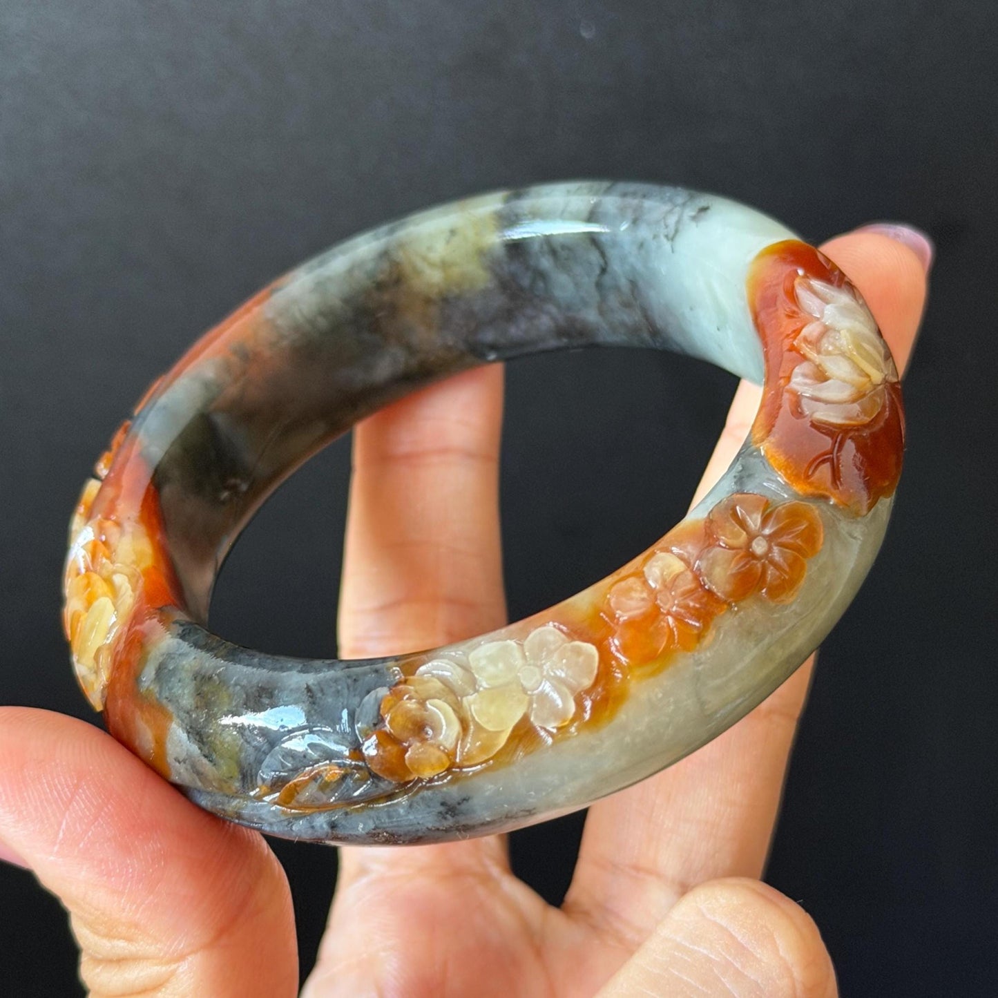 58.3mm Xiu Jade Serpentine Hand Carved Peony Flower Bangle: Natural Multicolor Grey Brown White Jade Handcrafted Bracelet, Stone Carving Gemstone Jewelry Gift for her wide jade bangle jade carving hand engraved stone carving natural untreated jade bracelet white jade brown jade brown black jade handcrafted jade lotus carving flower carving chinese jade vintage bangle antique bracelet sesame bracelet multi colour jade multicolor jade mother day gift peony carving flower carving jade carving