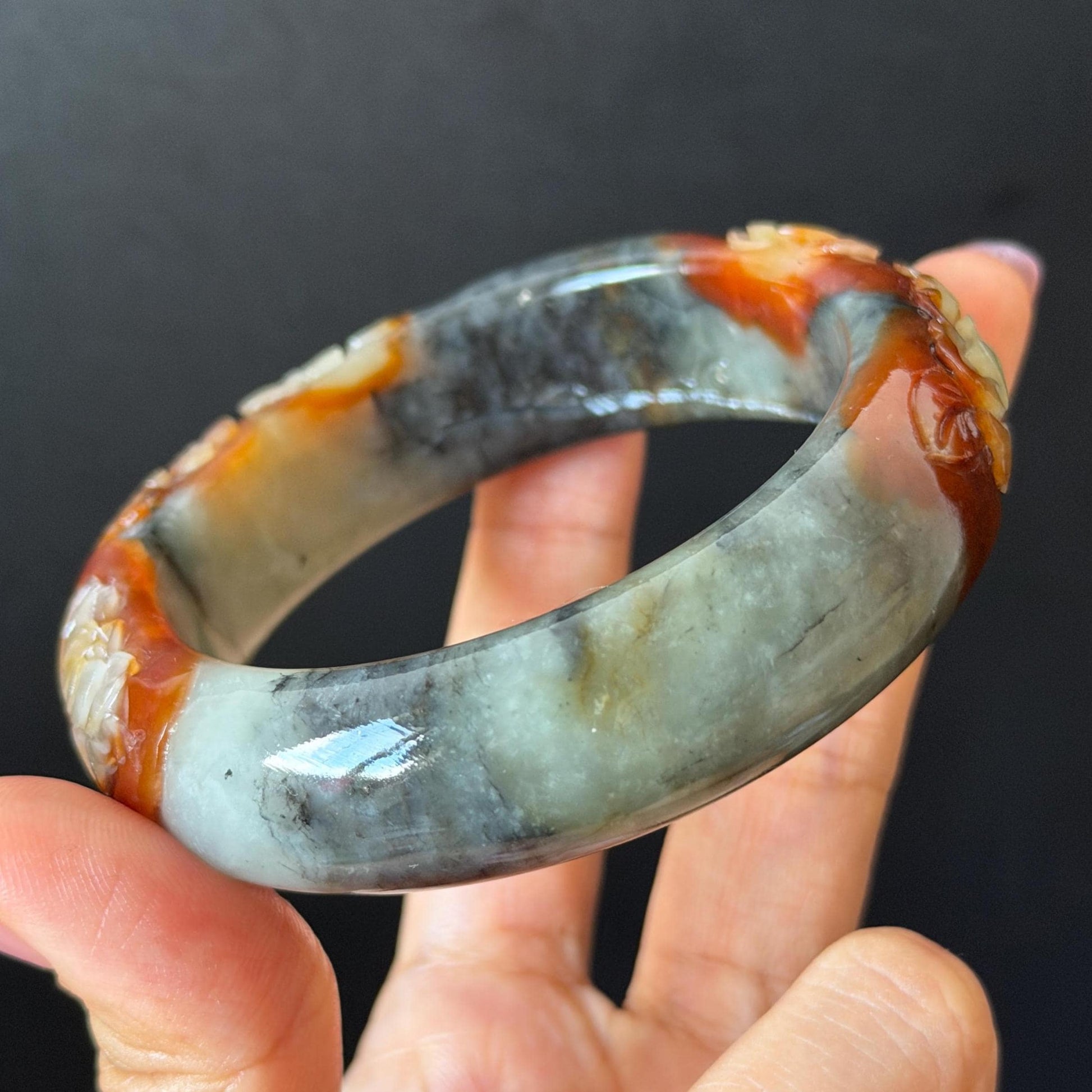 58.3mm Xiu Jade Serpentine Hand Carved Peony Flower Bangle: Natural Multicolor Grey Brown White Jade Handcrafted Bracelet, Stone Carving Gemstone Jewelry Gift for her wide jade bangle jade carving hand engraved stone carving natural untreated jade bracelet white jade brown jade brown black jade handcrafted jade lotus carving flower carving chinese jade vintage bangle antique bracelet sesame bracelet multi colour jade multicolor jade mother day gift peony carving flower carving jade carving
