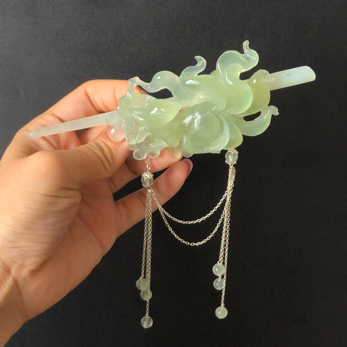 Xiu Jade Nine-tailed Fox Hand Carved Hair Crown: Natural Serpentine Ice Green  Jade Hanfu Hair Stick 3D stone carving Asian Chinese Vintage Style  Gift for her, hairpin, green jade hair stick, hair fork, chinese hairpin, korean hair stick, japanese hair pin, vinatge hair comb, bridal hair clip, fox lover gift, hand carved fox, hand engraved animals carving, fox carving, real jade untreated jade bridal headpiece wedding hair jewelry hollow out carving gift for her flower carving dangle hair pin
