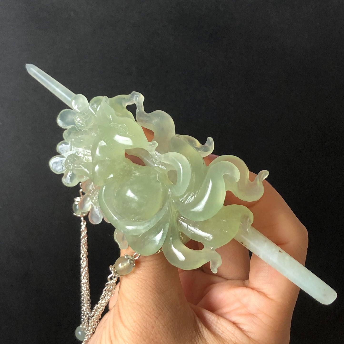 Xiu Jade Nine-tailed Fox Hand Carved Hair Crown: Natural Serpentine Ice Green  Jade Hanfu Hair Stick 3D stone carving Asian Chinese Vintage Style  Gift for her, hairpin, green jade hair stick, hair fork, chinese hairpin, korean hair stick, japanese hair pin, vinatge hair comb, bridal hair clip, fox lover gift, hand carved fox, hand engraved animals carving, fox carving, real jade untreated jade bridal headpiece wedding hair jewelry hollow out carving gift for her flower carving dangle hair pin