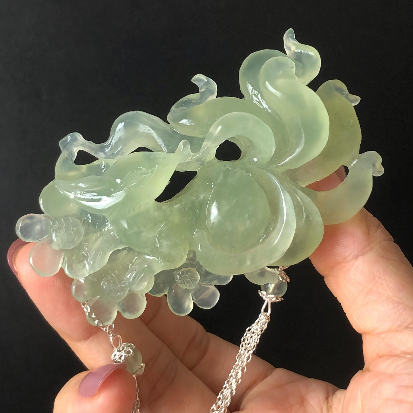 Xiu Jade Nine-tailed Fox Hand Carved Hair Crown: Natural Serpentine Ice Green  Jade Hanfu Hair Stick 3D stone carving Asian Chinese Vintage Style  Gift for her, hairpin, green jade hair stick, hair fork, chinese hairpin, korean hair stick, japanese hair pin, vinatge hair comb, bridal hair clip, fox lover gift, hand carved fox, hand engraved animals carving, fox carving, real jade untreated jade bridal headpiece wedding hair jewelry hollow out carving gift for her flower carving dangle hair pin
