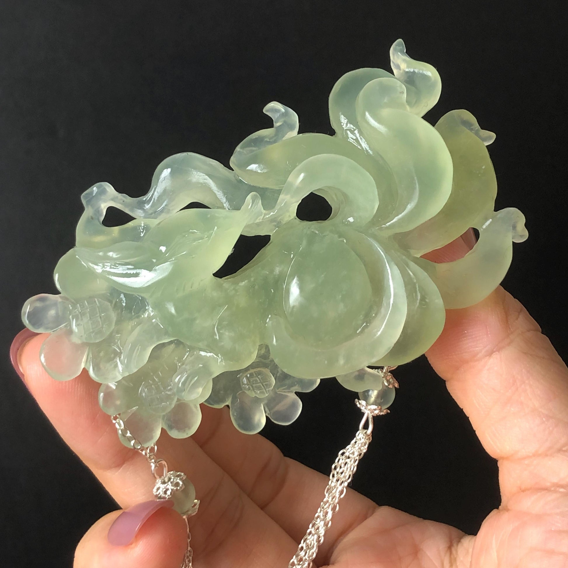 Xiu Jade Nine-tailed Fox Hand Carved Hair Crown: Natural Serpentine Ice Green  Jade Hanfu Hair Stick 3D stone carving Asian Chinese Vintage Style  Gift for her, hairpin, green jade hair stick, hair fork, chinese hairpin, korean hair stick, japanese hair pin, vinatge hair comb, bridal hair clip, fox lover gift, hand carved fox, hand engraved animals carving, fox carving, real jade untreated jade bridal headpiece wedding hair jewelry hollow out carving gift for her flower carving dangle hair pin