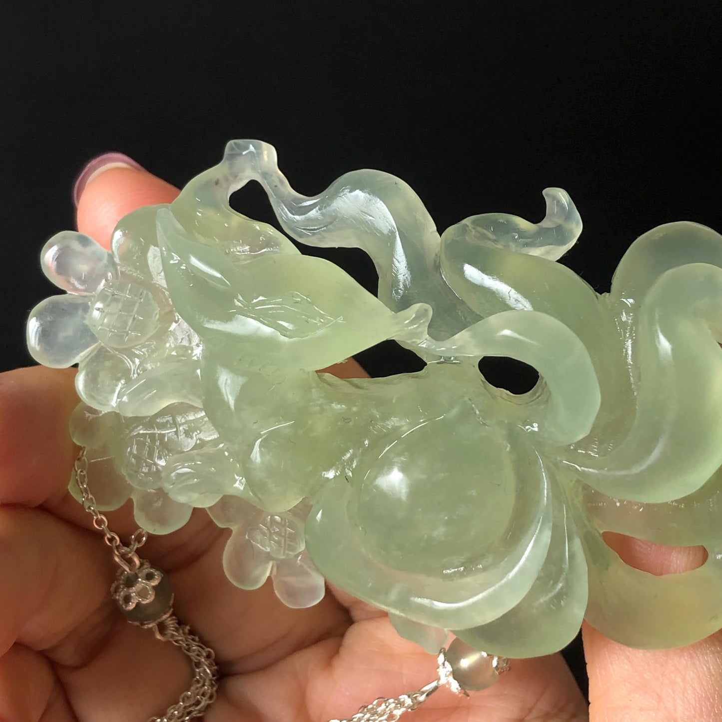 Xiu Jade Nine-tailed Fox Hand Carved Hair Crown: Natural Serpentine Ice Green  Jade Hanfu Hair Stick 3D stone carving Asian Chinese Vintage Style  Gift for her, hairpin, green jade hair stick, hair fork, chinese hairpin, korean hair stick, japanese hair pin, vinatge hair comb, bridal hair clip, fox lover gift, hand carved fox, hand engraved animals carving, fox carving, real jade untreated jade bridal headpiece wedding hair jewelry hollow out carving gift for her flower carving dangle hair pin