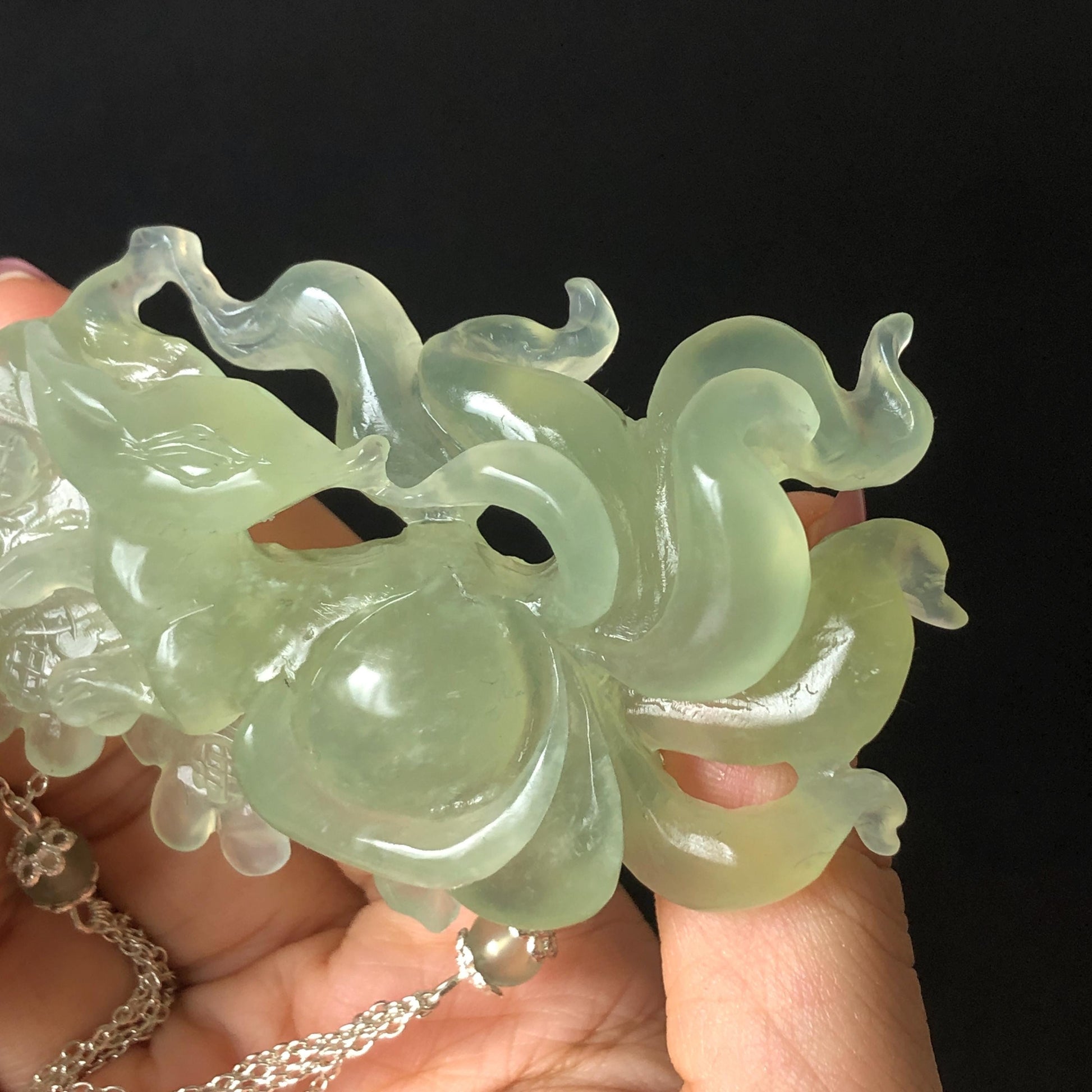 Xiu Jade Nine-tailed Fox Hand Carved Hair Crown: Natural Serpentine Ice Green  Jade Hanfu Hair Stick 3D stone carving Asian Chinese Vintage Style  Gift for her, hairpin, green jade hair stick, hair fork, chinese hairpin, korean hair stick, japanese hair pin, vinatge hair comb, bridal hair clip, fox lover gift, hand carved fox, hand engraved animals carving, fox carving, real jade untreated jade bridal headpiece wedding hair jewelry hollow out carving gift for her flower carving dangle hair pin