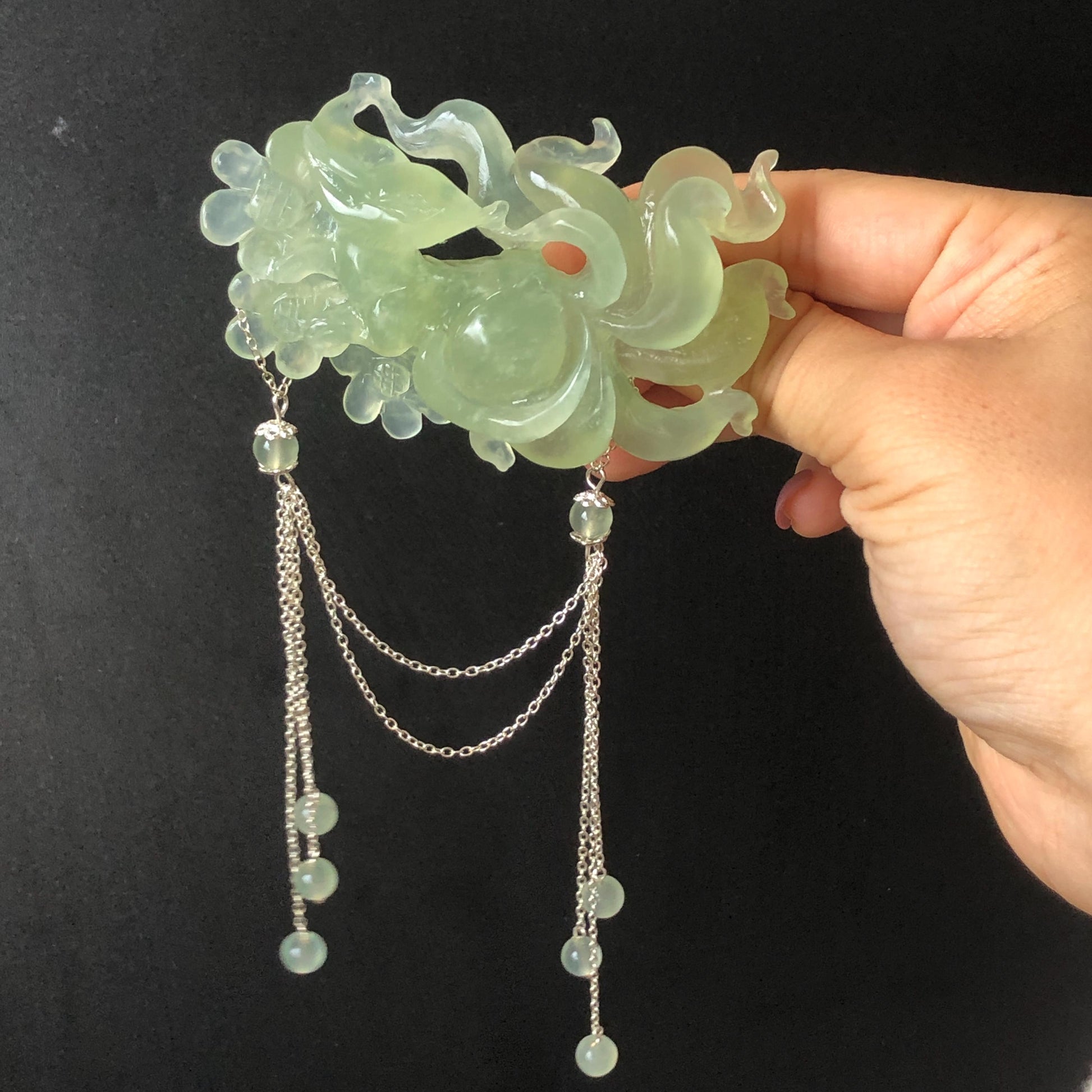 Xiu Jade Nine-tailed Fox Hand Carved Hair Crown: Natural Serpentine Ice Green  Jade Hanfu Hair Stick 3D stone carving Asian Chinese Vintage Style  Gift for her, hairpin, green jade hair stick, hair fork, chinese hairpin, korean hair stick, japanese hair pin, vinatge hair comb, bridal hair clip, fox lover gift, hand carved fox, hand engraved animals carving, fox carving, real jade untreated jade bridal headpiece wedding hair jewelry hollow out carving gift for her flower carving dangle hair pin