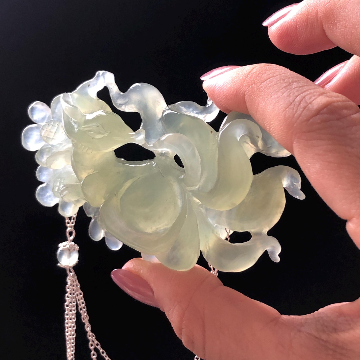 Xiu Jade Nine-tailed Fox Hand Carved Hair Crown: Natural Serpentine Ice Green  Jade Hanfu Hair Stick 3D stone carving Asian Chinese Vintage Style  Gift for her, hairpin, green jade hair stick, hair fork, chinese hairpin, korean hair stick, japanese hair pin, vinatge hair comb, bridal hair clip, fox lover gift, hand carved fox, hand engraved animals carving, fox carving, real jade untreated jade bridal headpiece wedding hair jewelry hollow out carving gift for her flower carving dangle hair pin
