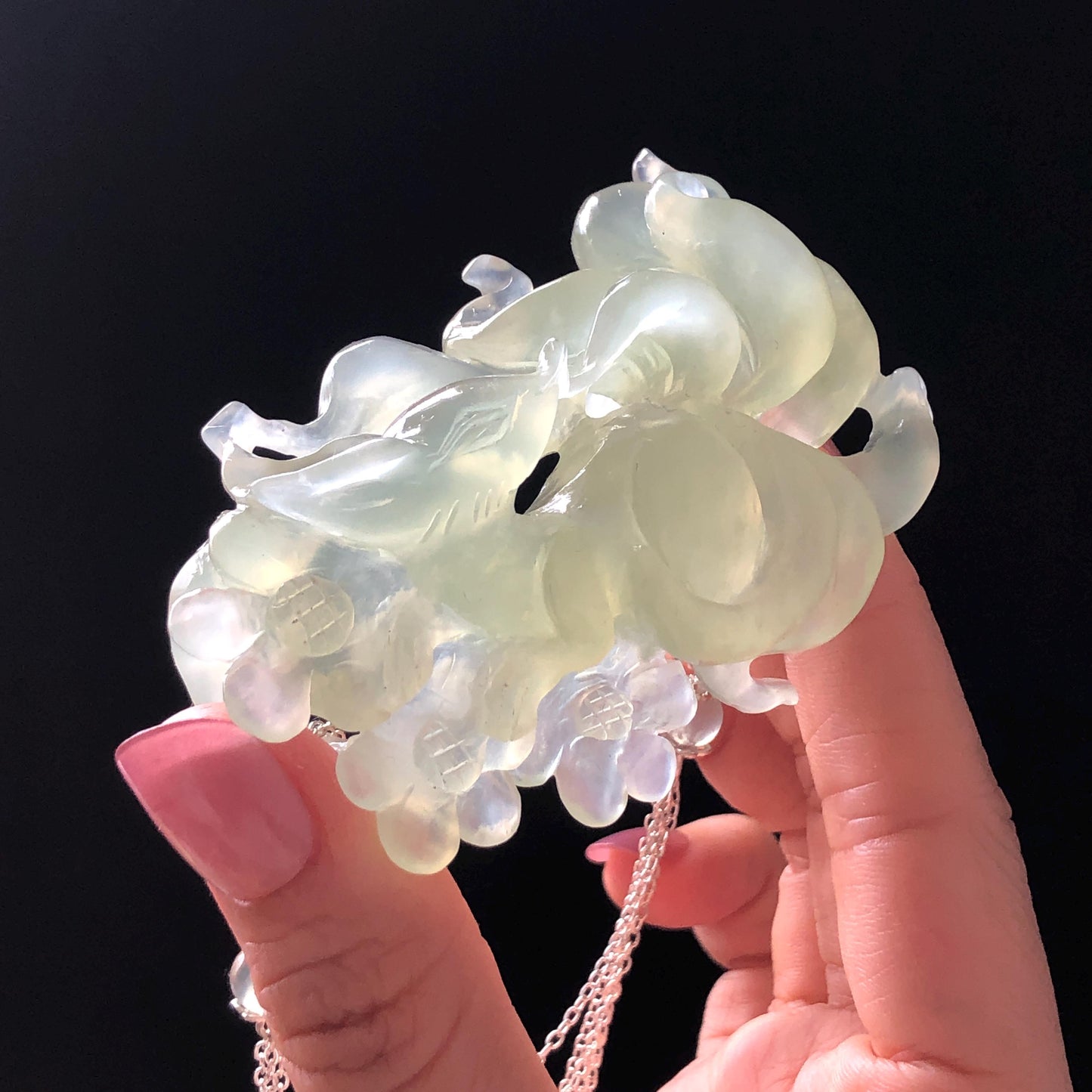 Xiu Jade Nine-tailed Fox Hand Carved Hair Crown: Natural Serpentine Ice Green  Jade Hanfu Hair Stick 3D stone carving Asian Chinese Vintage Style  Gift for her, hairpin, green jade hair stick, hair fork, chinese hairpin, korean hair stick, japanese hair pin, vinatge hair comb, bridal hair clip, fox lover gift, hand carved fox, hand engraved animals carving, fox carving, real jade untreated jade bridal headpiece wedding hair jewelry hollow out carving gift for her flower carving dangle hair pin
