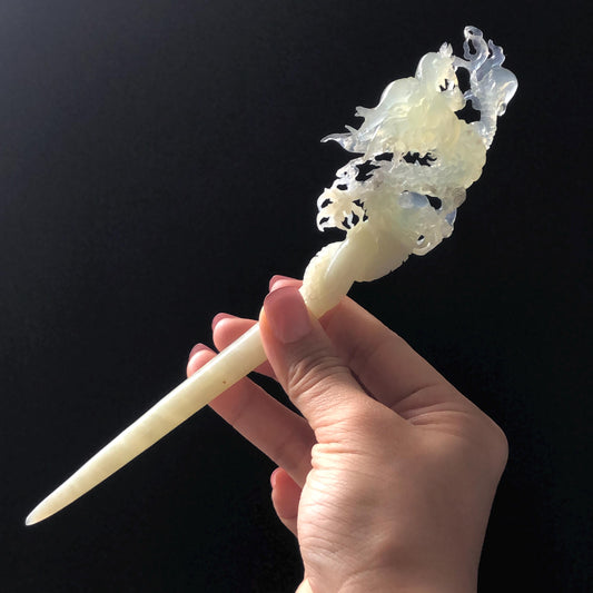 Xiu Jade Soaring Dragon Hand Carved Hair Pin: Natural Serpentine Ice Green White Jade Handcrafted Hair Stick Hollow Out Carving | Asian Vintage Hair Fork  Gift for her japanese hairpin korean hair stick hanfu hair fork vinatge hair comb antique hair pins dragon carving hand engraved dragon white jade green jade black jade carving hand carved dragon hair stick dragon lover gift handcrafted hair crown wedding headpiece 3D stone carving bridal hair jewelry