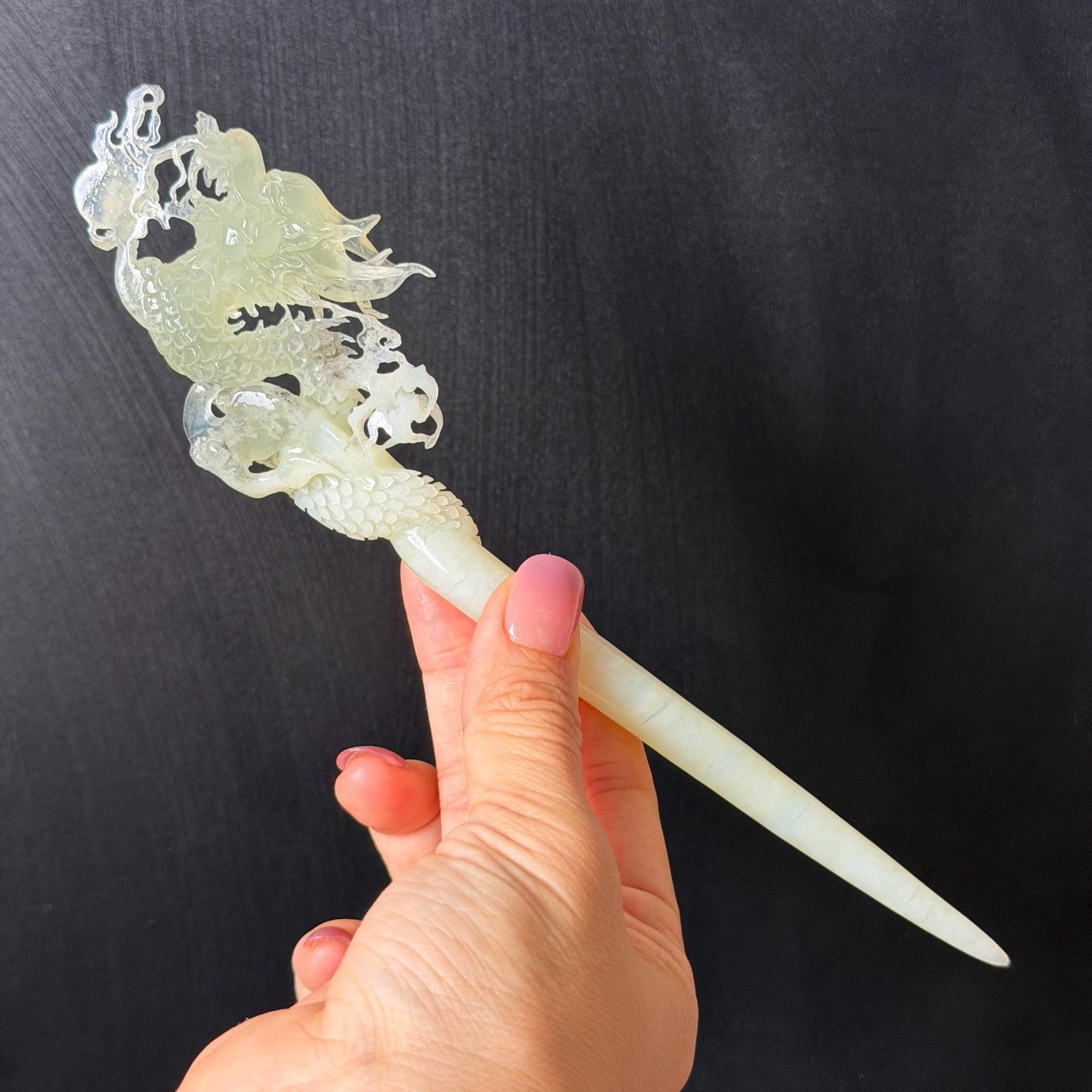 Xiu Jade Soaring Dragon Hand Carved Hair Pin: Natural Serpentine Ice Green White Jade Handcrafted Hair Stick Hollow Out Carving | Asian Vintage Hair Fork  Gift for her japanese hairpin korean hair stick hanfu hair fork vinatge hair comb antique hair pins dragon carving hand engraved dragon white jade green jade black jade carving hand carved dragon hair stick dragon lover gift handcrafted hair crown wedding headpiece 3D stone carving bridal hair jewelry