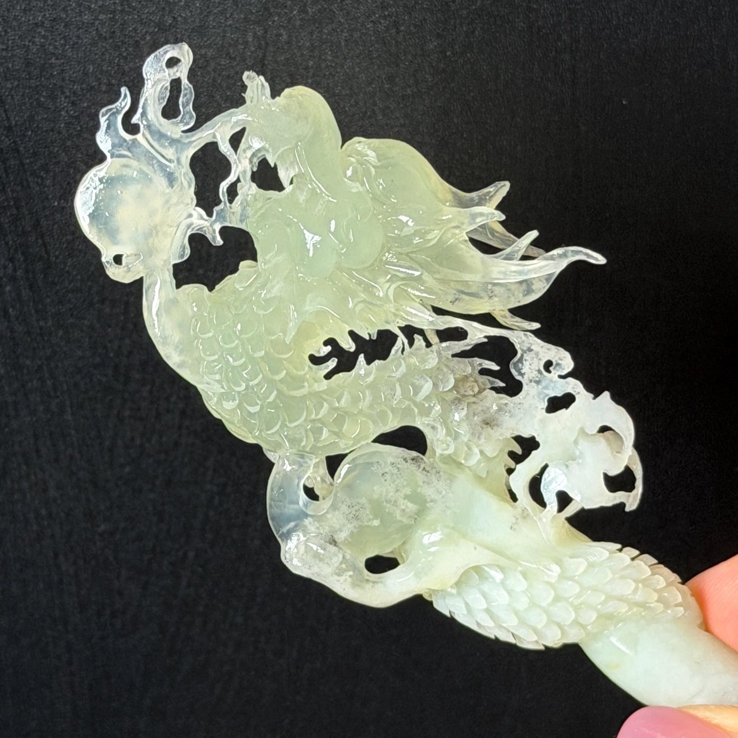 Xiu Jade Soaring Dragon Hand Carved Hair Pin: Natural Serpentine Ice Green White Jade Handcrafted Hair Stick Hollow Out Carving | Asian Vintage Hair Fork  Gift for her japanese hairpin korean hair stick hanfu hair fork vinatge hair comb antique hair pins dragon carving hand engraved dragon white jade green jade black jade carving hand carved dragon hair stick dragon lover gift handcrafted hair crown wedding headpiece 3D stone carving bridal hair jewelry