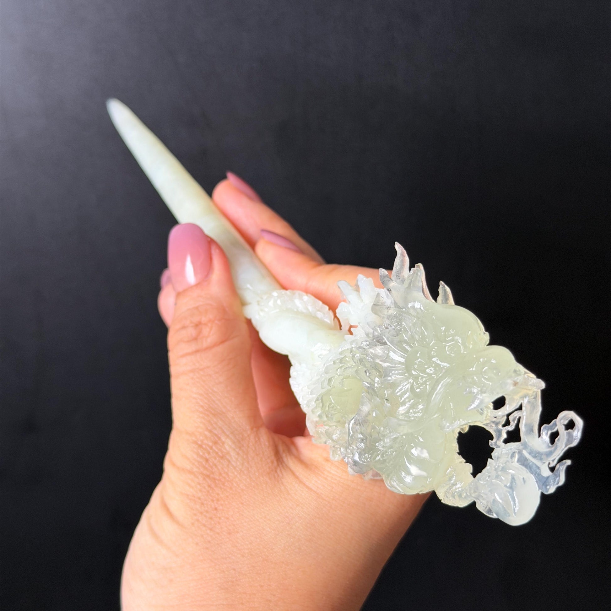 Xiu Jade Soaring Dragon Hand Carved Hair Pin: Natural Serpentine Ice Green White Jade Handcrafted Hair Stick Hollow Out Carving | Asian Vintage Hair Fork  Gift for her japanese hairpin korean hair stick hanfu hair fork vinatge hair comb antique hair pins dragon carving hand engraved dragon white jade green jade black jade carving hand carved dragon hair stick dragon lover gift handcrafted hair crown wedding headpiece 3D stone carving bridal hair jewelry