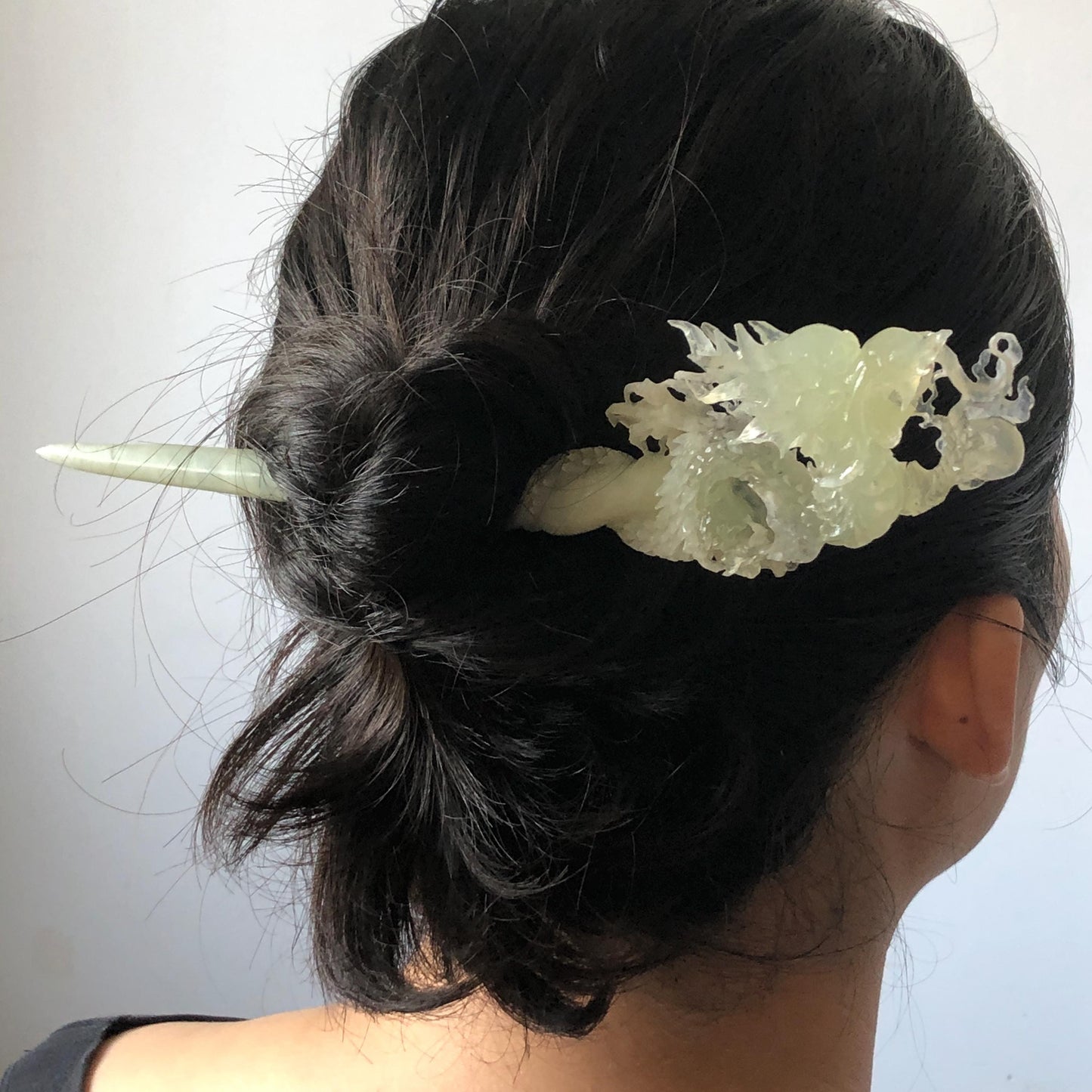 Xiu Jade Soaring Dragon Hand Carved Hair Pin: Natural Serpentine Ice Green White Jade Handcrafted Hair Stick Hollow Out Carving | Asian Vintage Hair Fork  Gift for her japanese hairpin korean hair stick hanfu hair fork vinatge hair comb antique hair pins dragon carving hand engraved dragon white jade green jade black jade carving hand carved dragon hair stick dragon lover gift handcrafted hair crown wedding headpiece 3D stone carving bridal hair jewelry