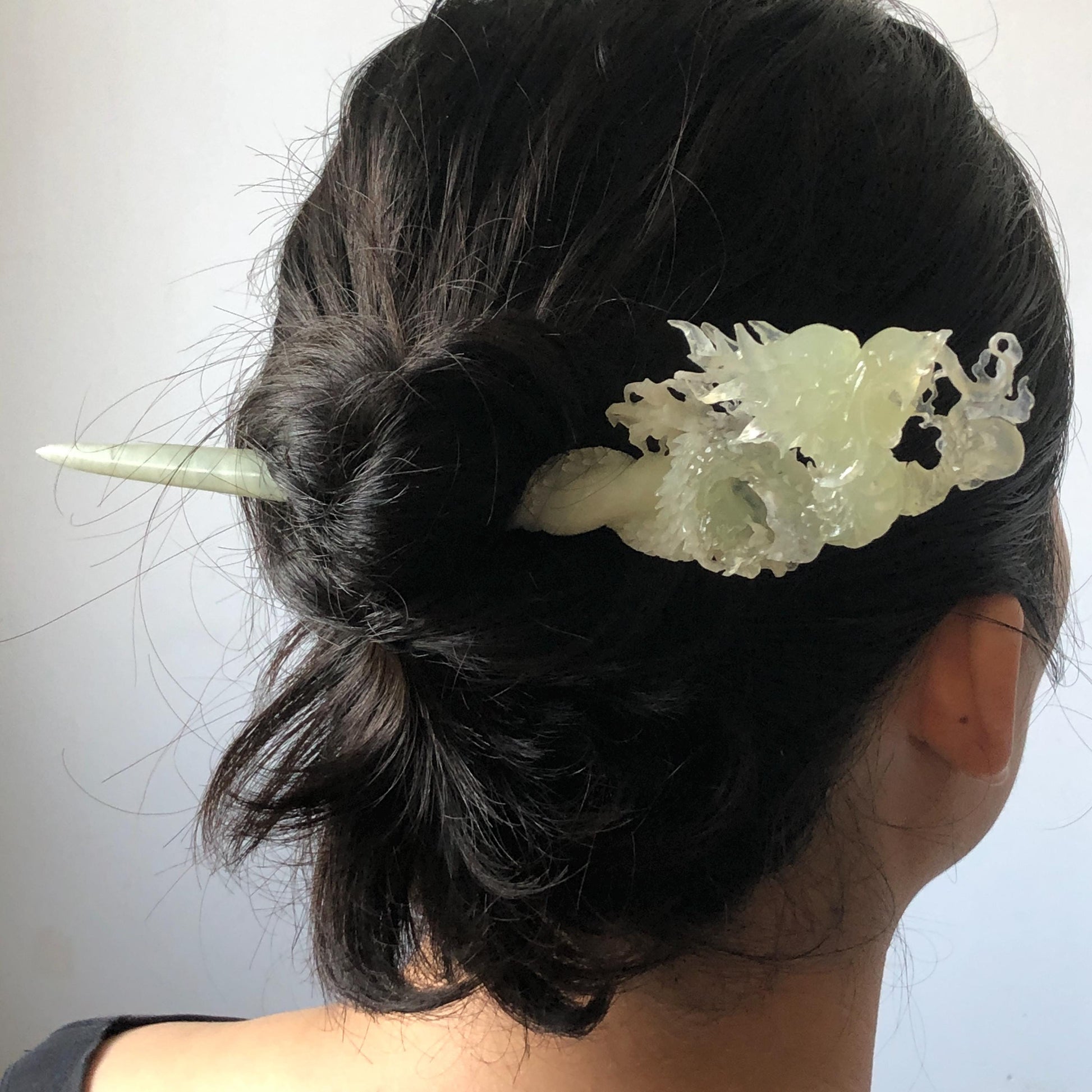 Xiu Jade Soaring Dragon Hand Carved Hair Pin: Natural Serpentine Ice Green White Jade Handcrafted Hair Stick Hollow Out Carving | Asian Vintage Hair Fork  Gift for her japanese hairpin korean hair stick hanfu hair fork vinatge hair comb antique hair pins dragon carving hand engraved dragon white jade green jade black jade carving hand carved dragon hair stick dragon lover gift handcrafted hair crown wedding headpiece 3D stone carving bridal hair jewelry